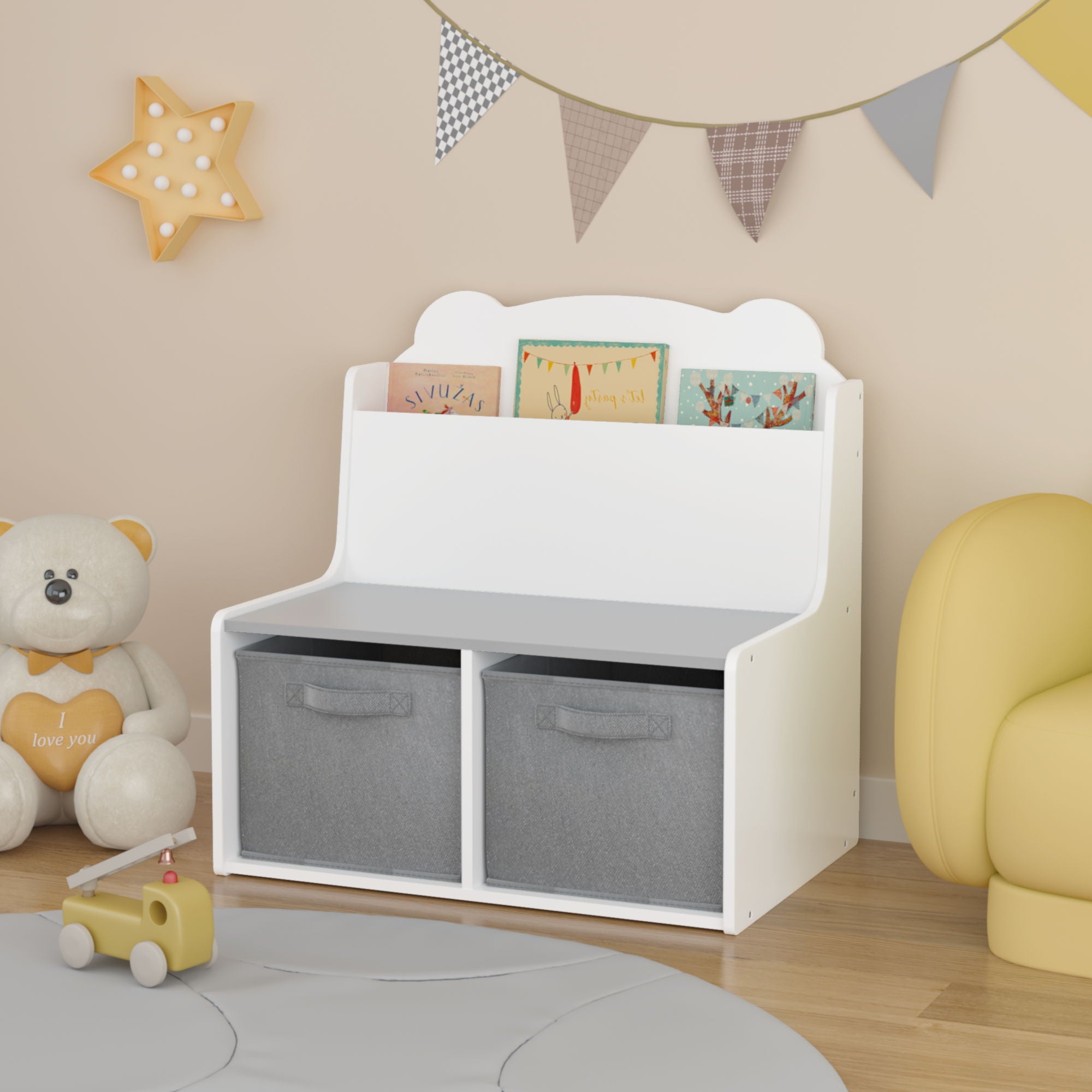 Bookshelf With Storage Bins, Bookcase With Book Display Shelf And 2 Bins, Cute Bear Shaped Backboard, Toy Organizer - White