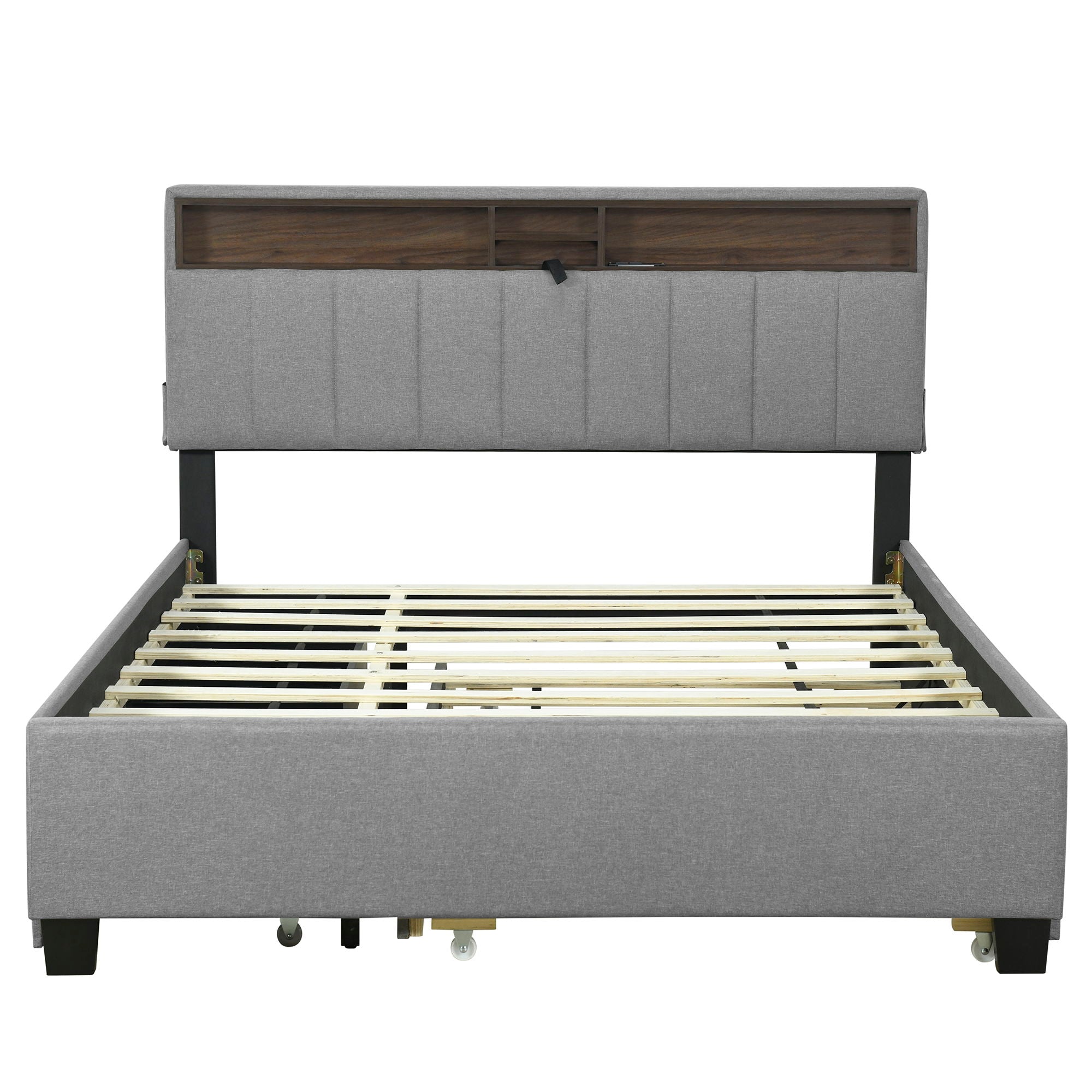 Upholstered Platform Bed With Storage Headboard, Trundle & 2 Drawers And A Set Of Sockets & USB Ports