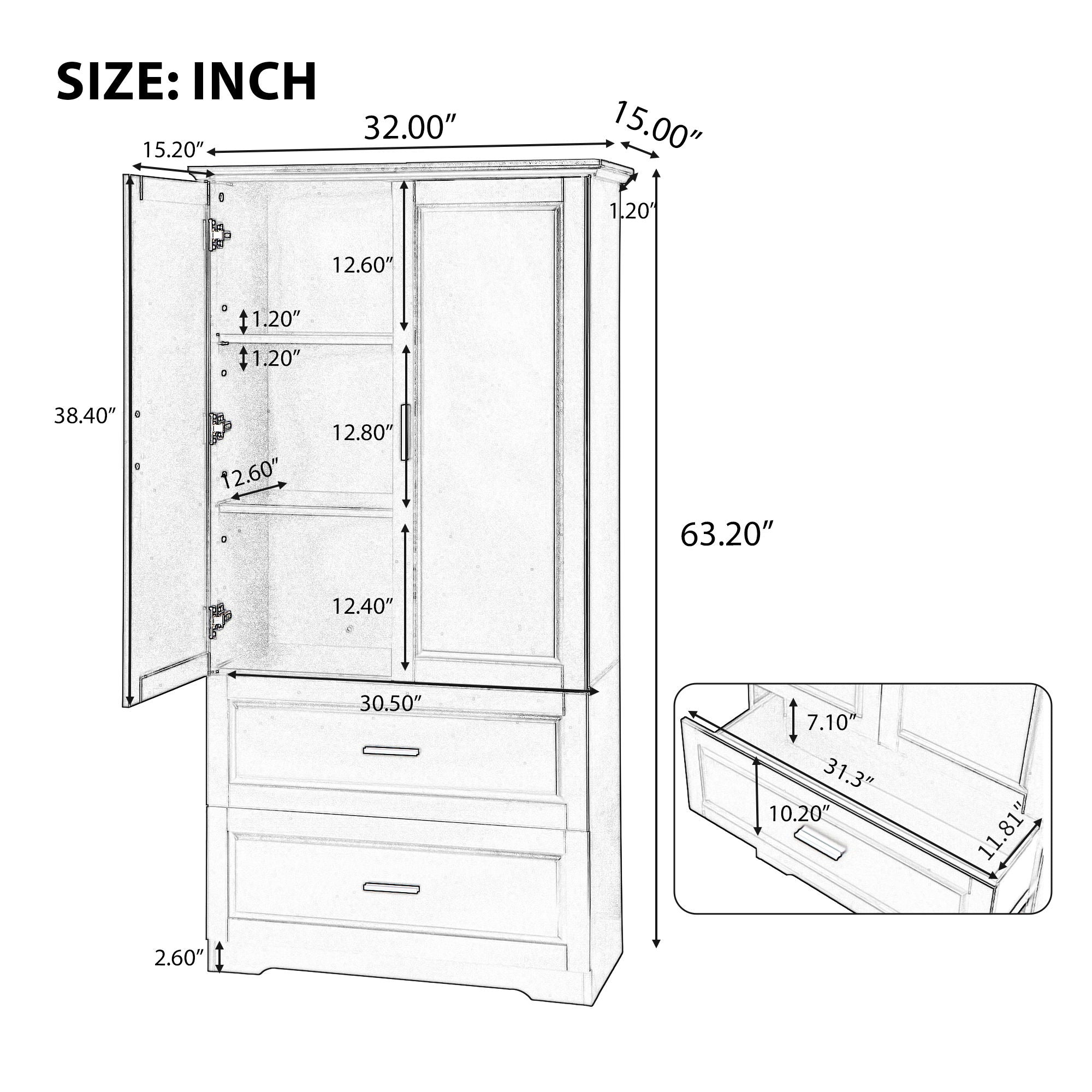Tall Bathroom Storage Cabinet, Cabinet With 2 Doors And Drawers, Adjustable Shelf