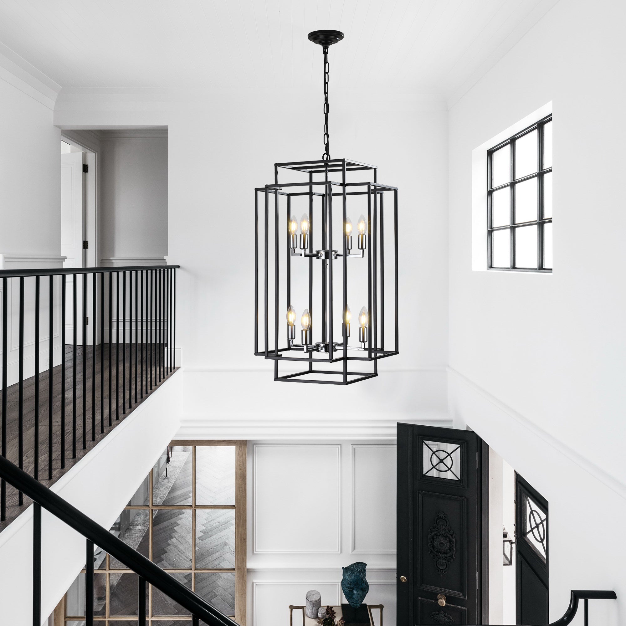 (Same as W1340142525/L1018-C) 18' Modern 8-Light Black & Chrome Geometric Pendant Chandelier, Industrial Metal Frame, Adjustable Hanging Light for Living Room, Dining Room, Kitchen (No Bulbs)