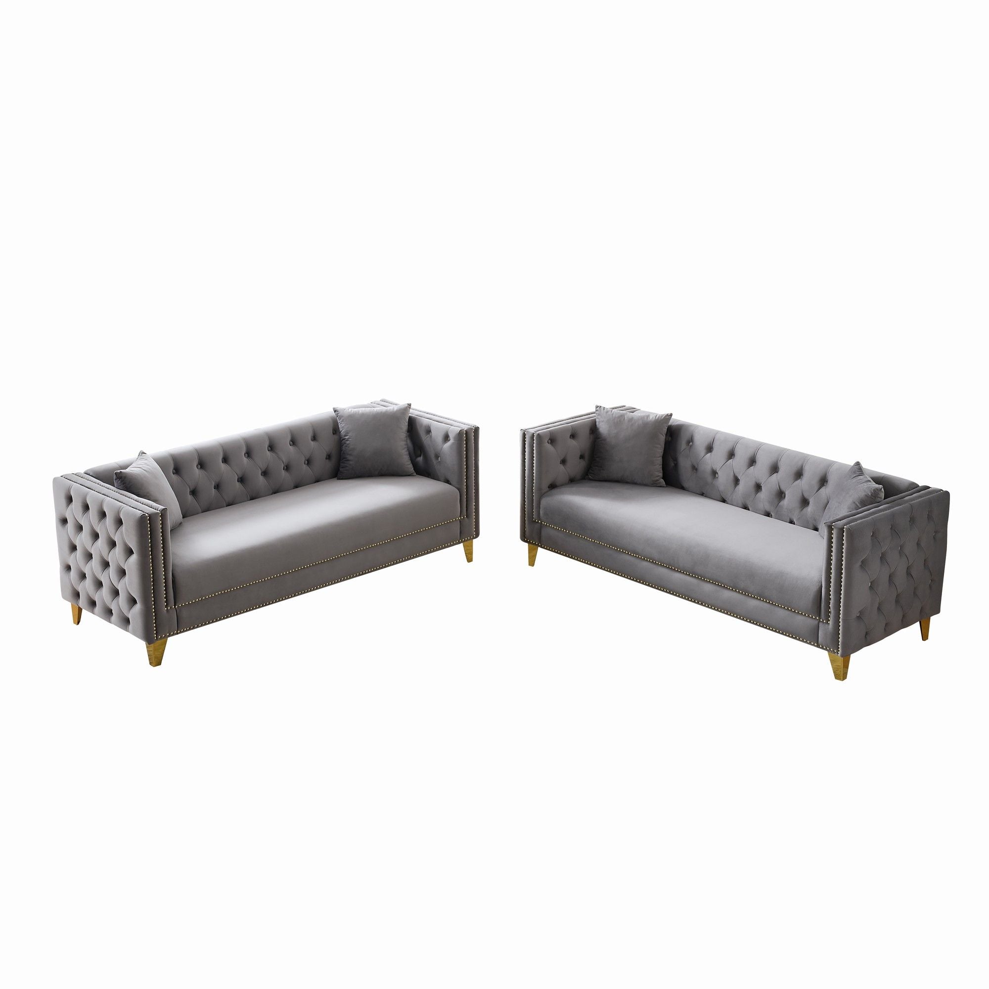 3 And 3 Seater Deep Seat Sofa With Button Nailhead And Square Arm Design - Gray