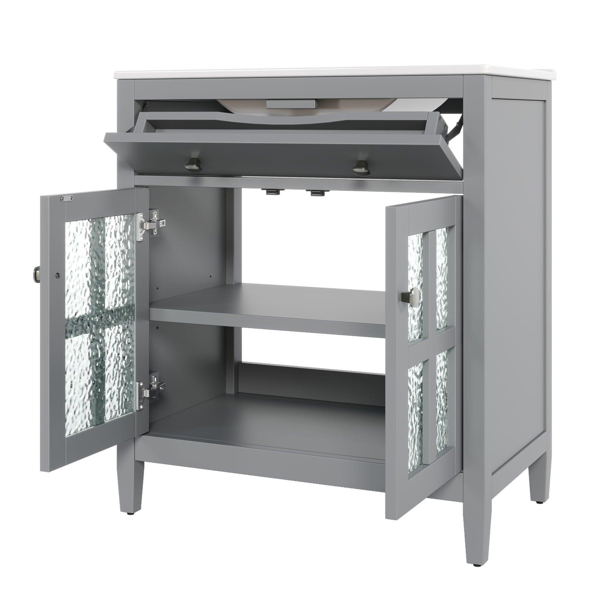 Bathroom Vanity With Ceramic Sink, Adjustable Shelf & Tip Out Tray