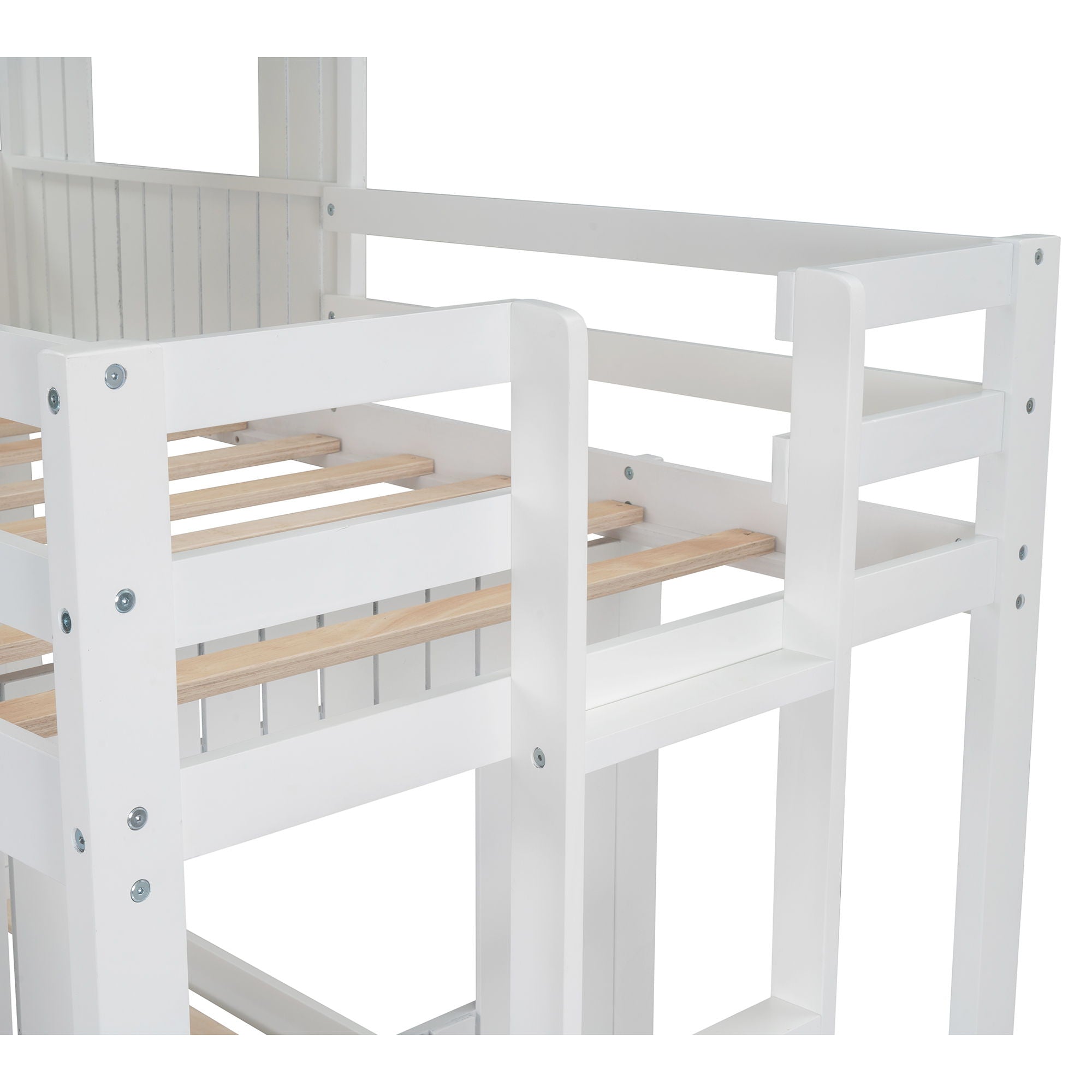 Twin Over Full Bunk Bed, With Playhouse, Farmhouse, Ladder And Guardrails - White