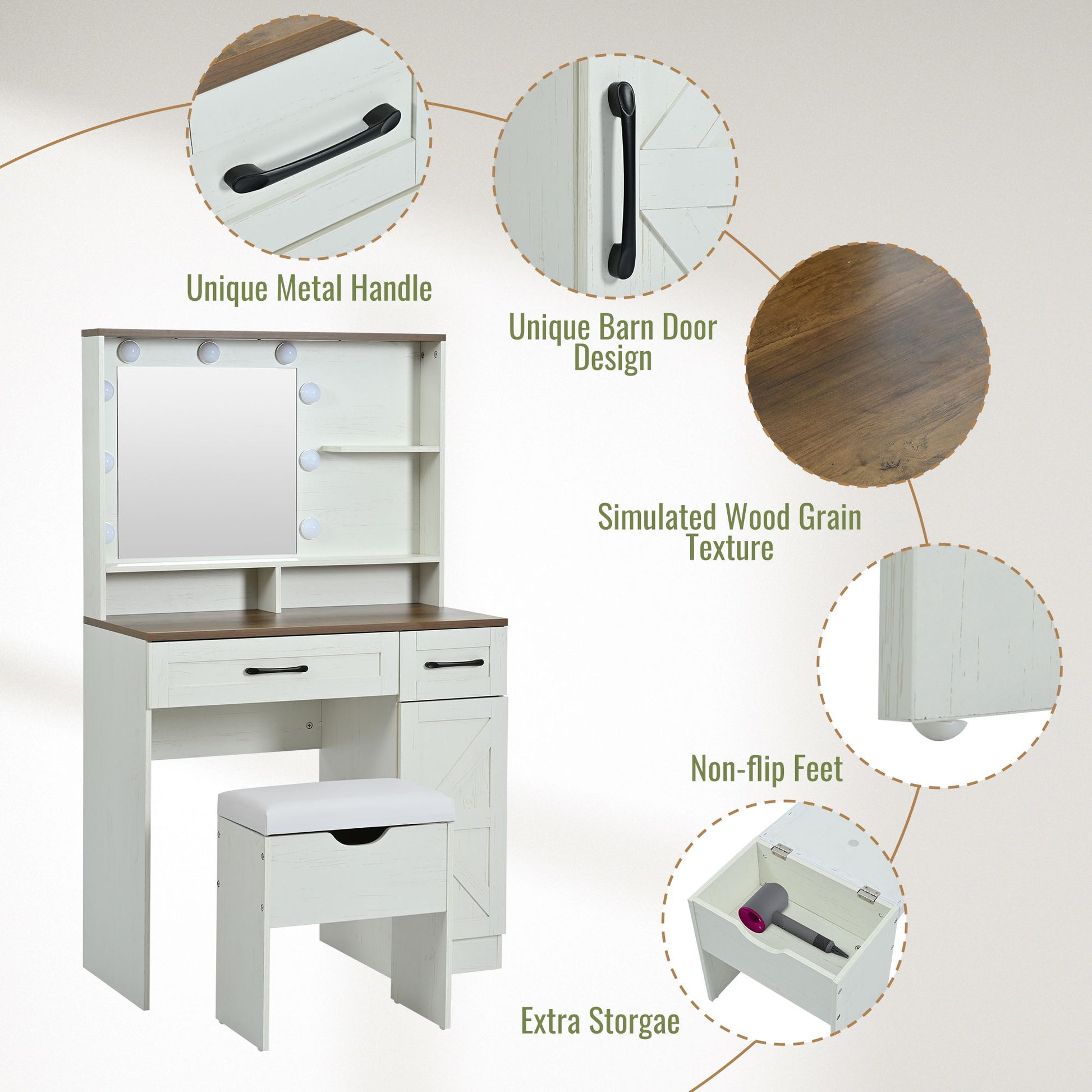 Farmhouse Makeup Vanity Desk With Mirror And Lights, 3 Lighting Modes, Vanity Set With Stool, Dressing Table With Adjustable Shelves, 2 Drawers And Side Cabinet For Bedroom - White - Best Buy Furniture
