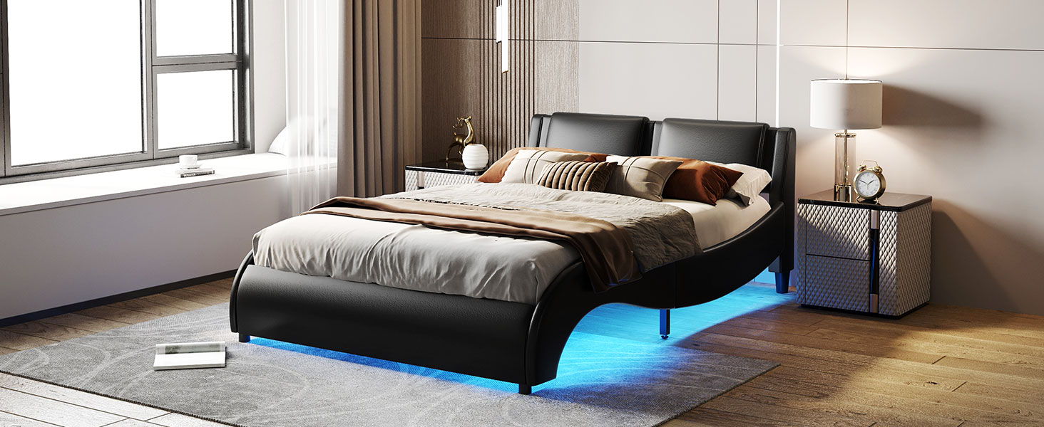Upholstered Platform Bed With LED Light, Frame Slatted