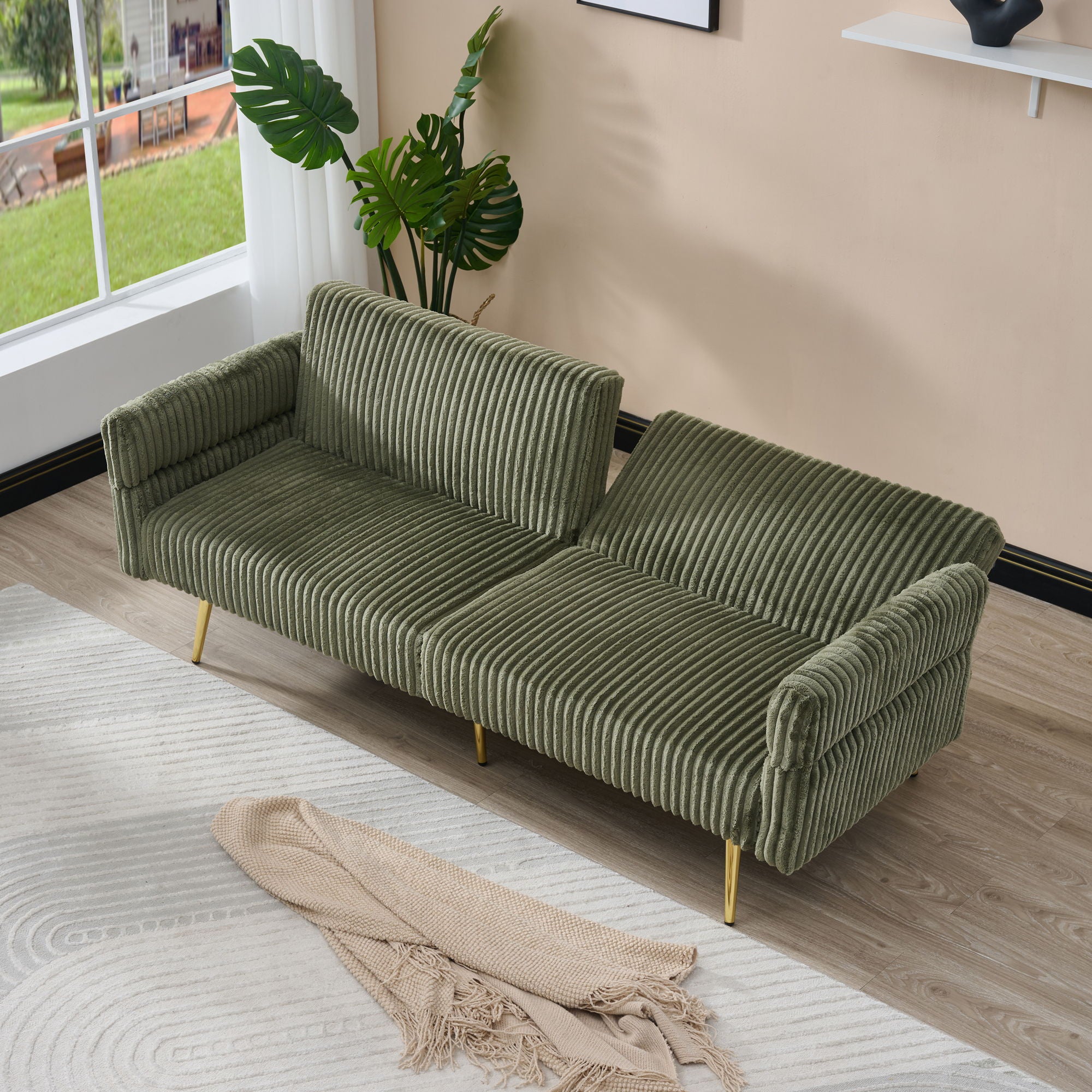 Luxury Corduroy Foldable Double Sofa Bed With Folding Armrests