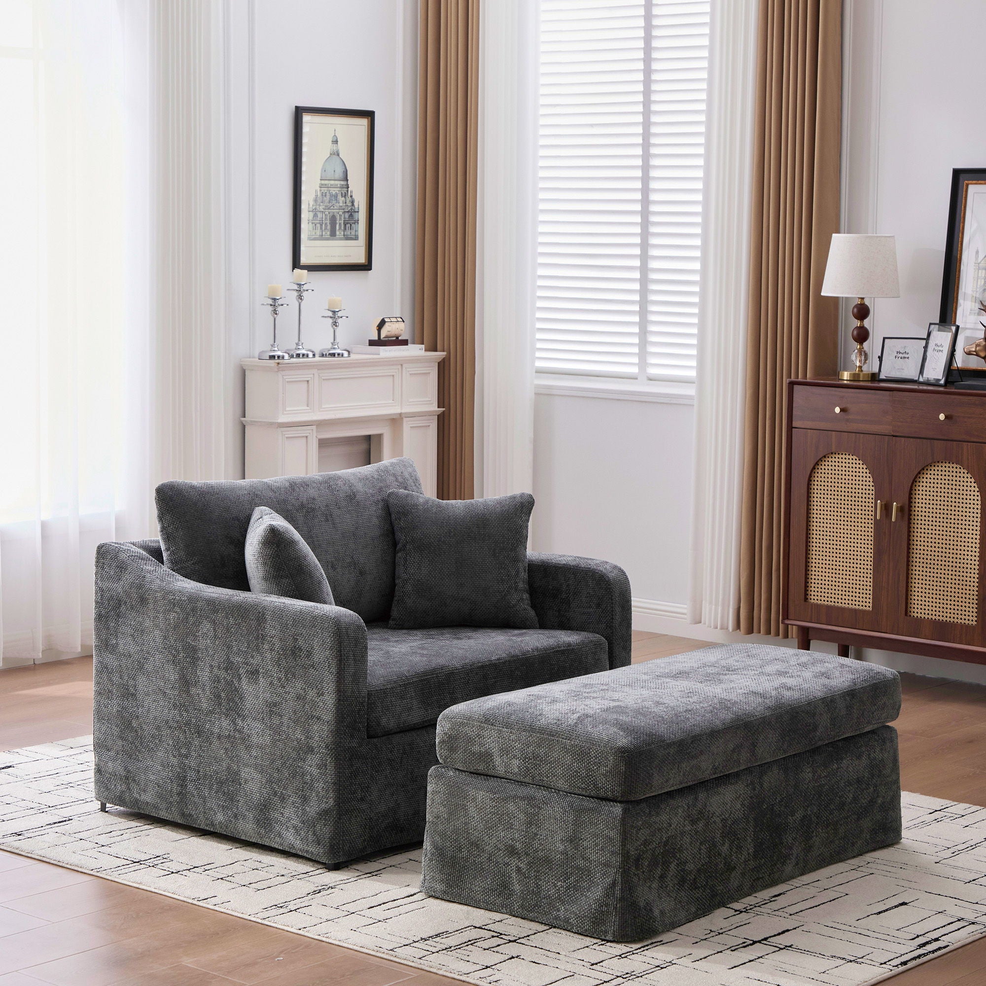 Accent Chair With Ottoman, Includes 2 Bolster Pillows