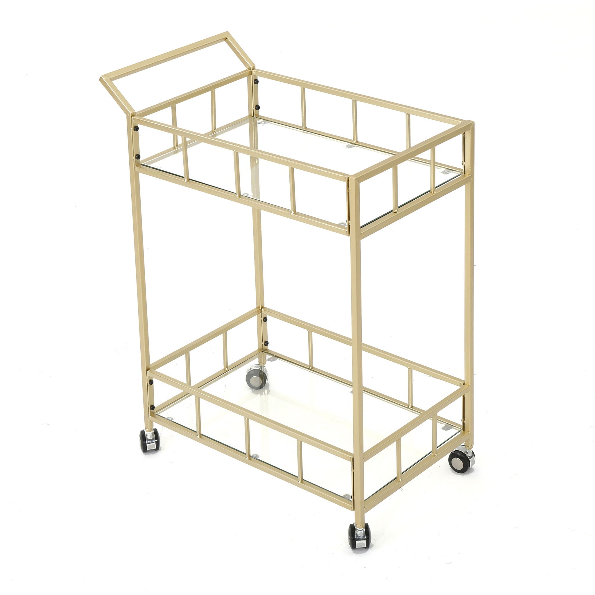 Modern Metal and Glass Bar Cart with Rolling Casters - Gold