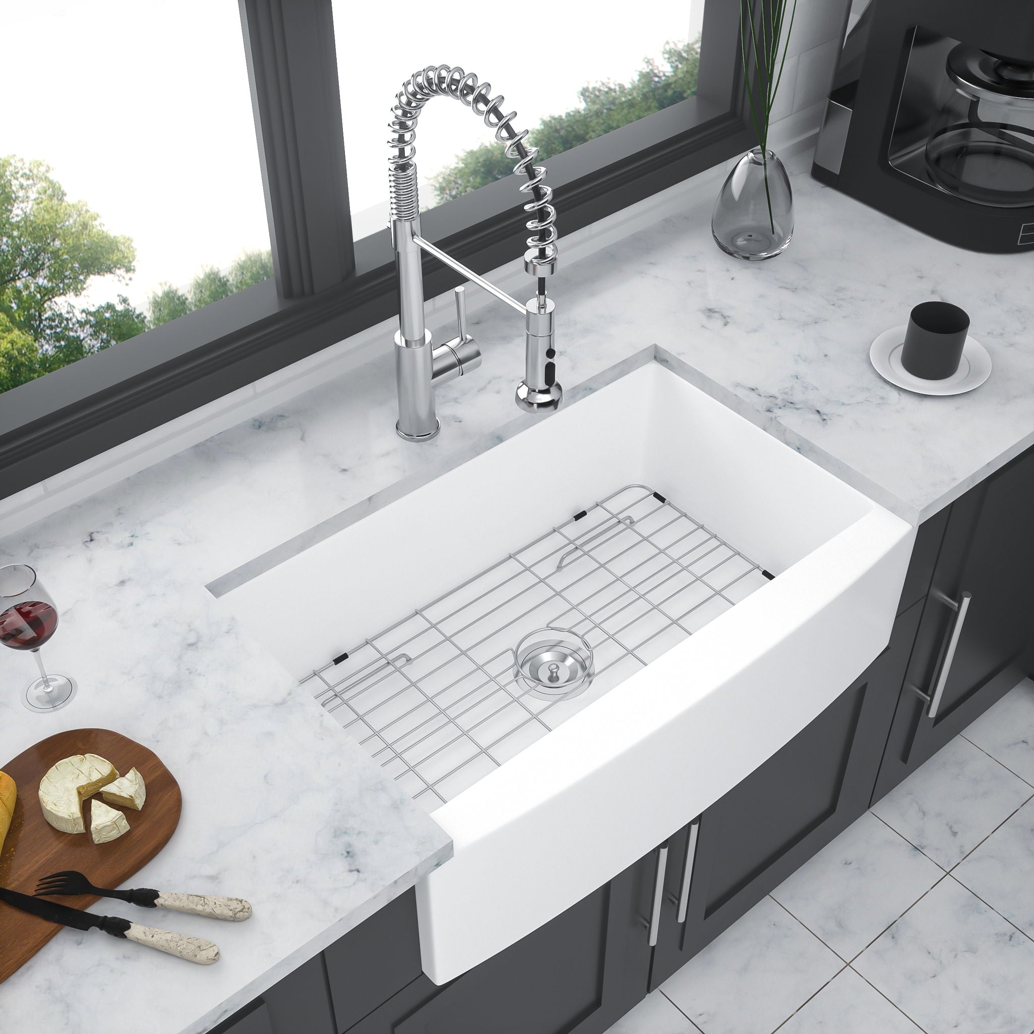 Elegant Farmhouse Sink 33" Ceramic Arch Edge Apron Front Single Bowl - White