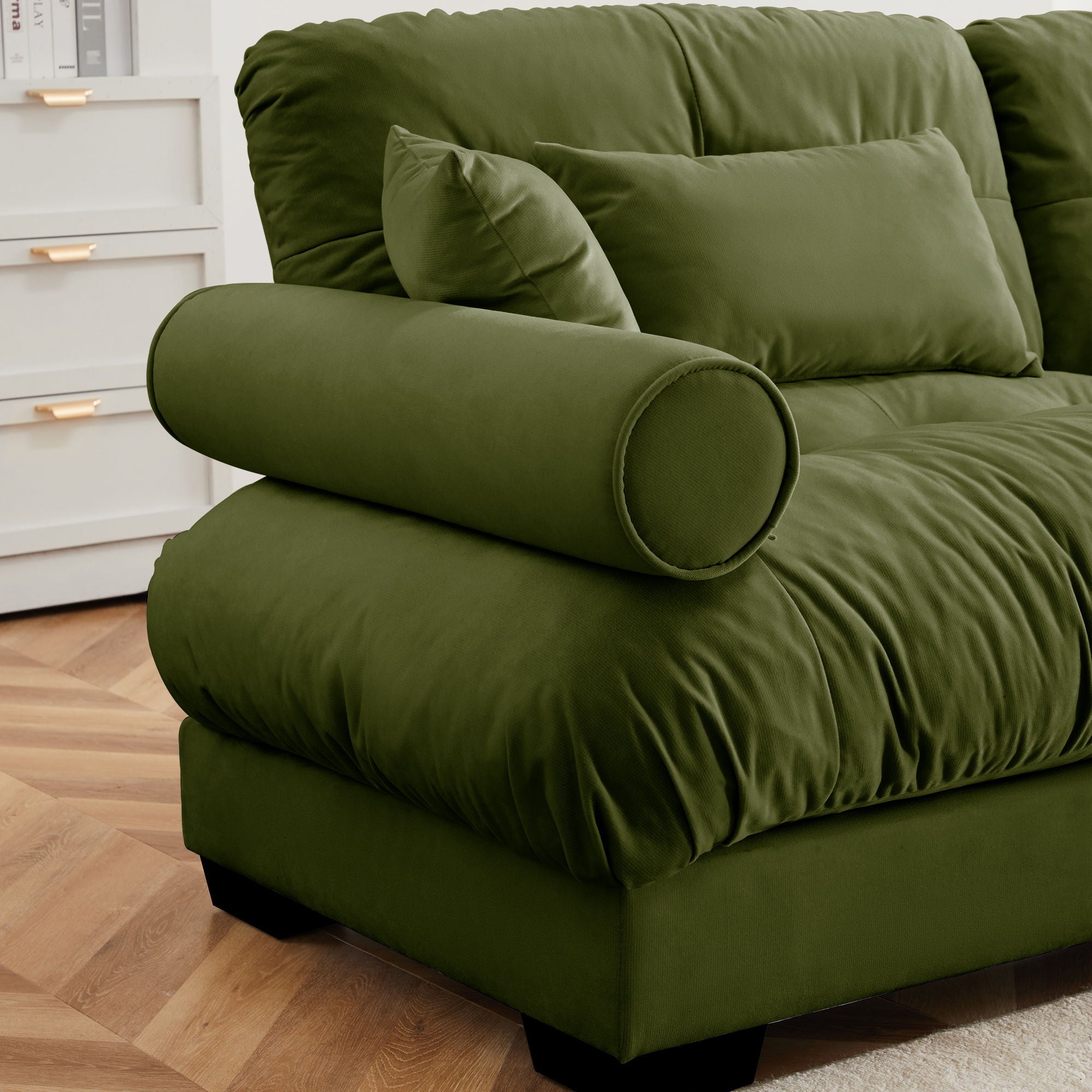 Modern Sectional Sofa With Ottoman, Round Bolster Armrests, Waist And Throw Pillows