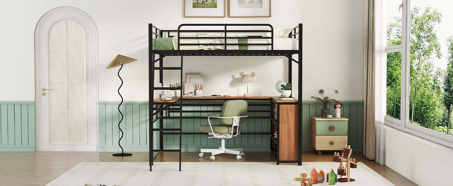 Loft Bed & 3 Layers Of Shelves And L-Shaped Desk