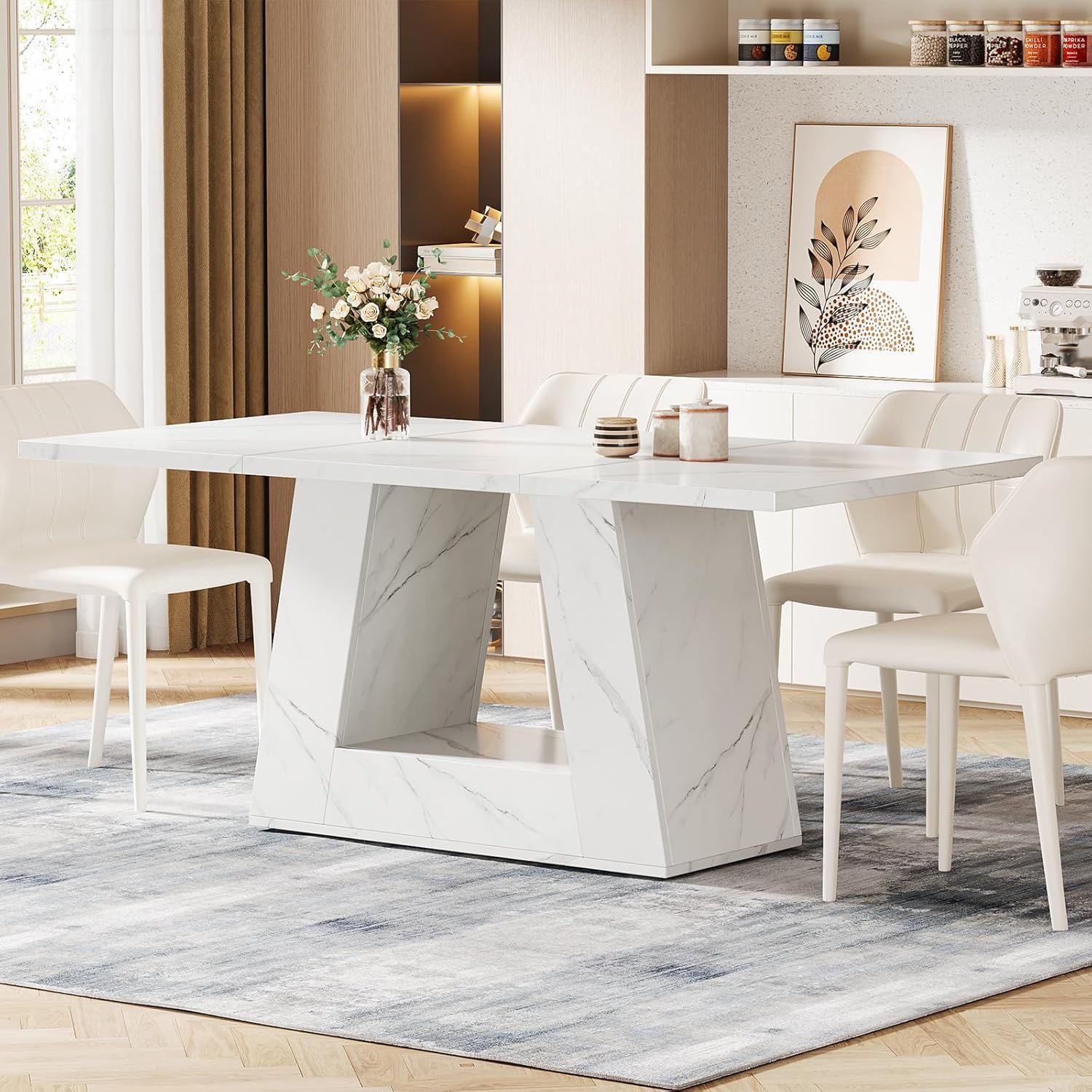 Dining Table For 4 To 6 People, With Trapezoid Base For Dining Room - White