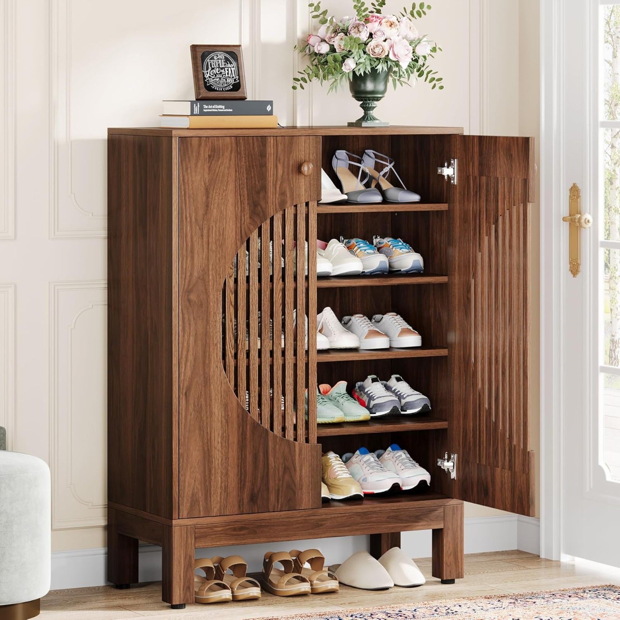 5 Tier Shoe Cabinet With Round Louvered Doors, Storage Organizer - Brown