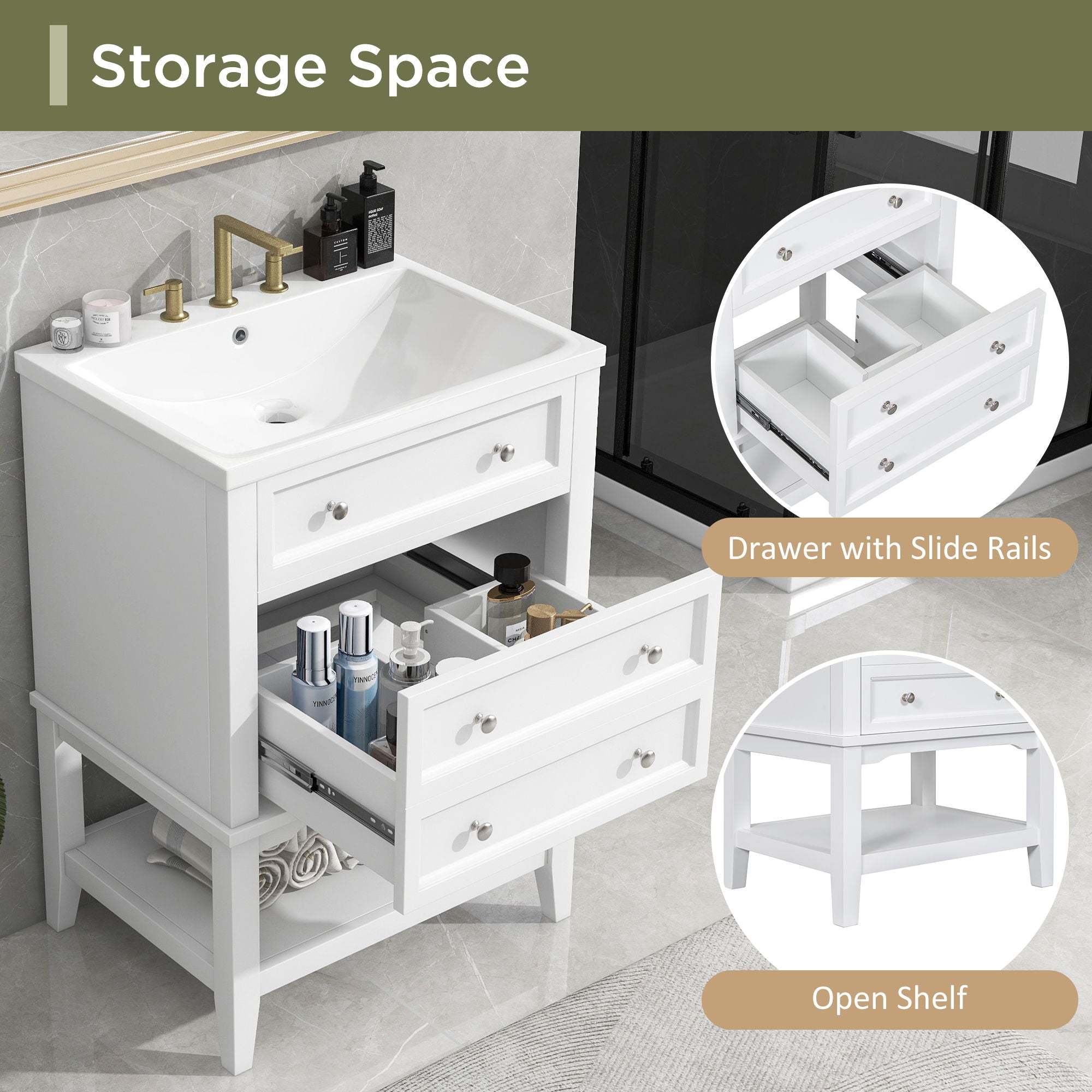 24" Bathroom Vanity Without Sink, Base Only, Storage Cabinet With Drawer And Open Shelf - White
