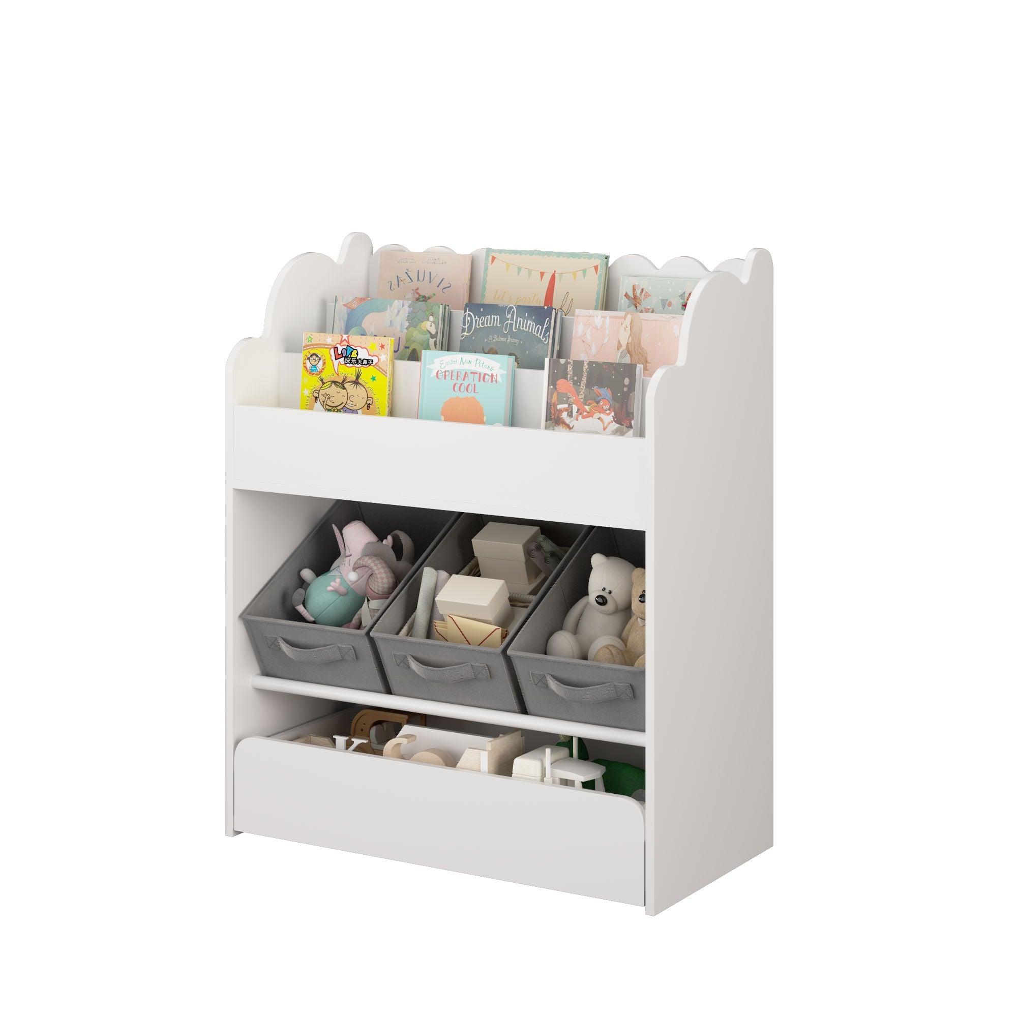 Bookshelf With Storage Bins And Drawer, Multi Functional Book Organizer For Toddlers - White