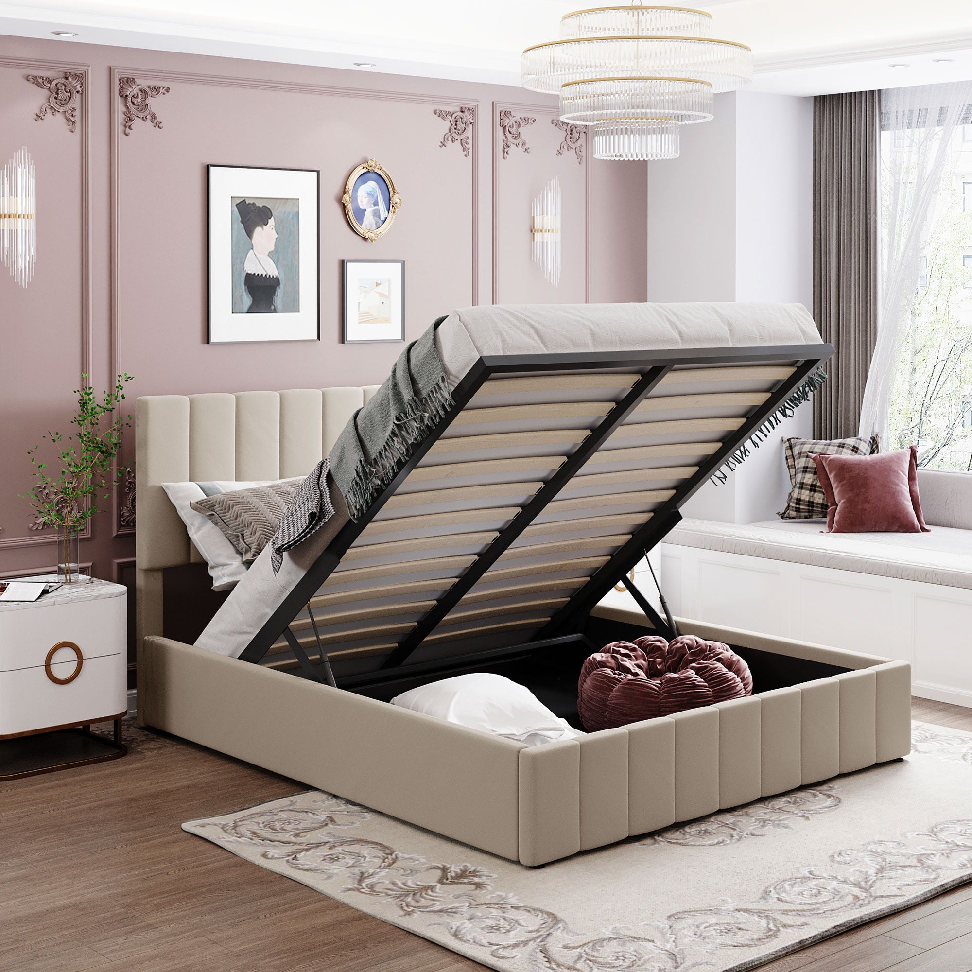 Elegant Upholstered Platform Bed With Hydraulic Storage System