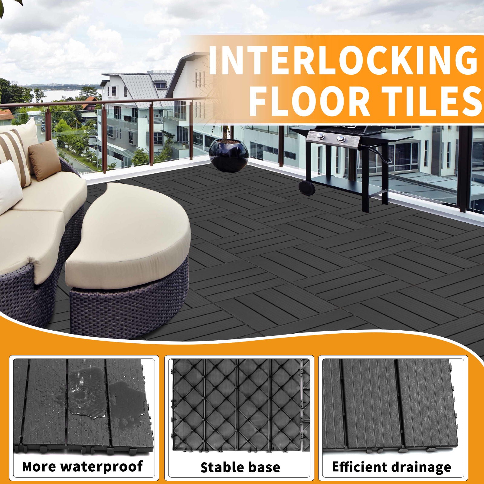 Plastic Interlocking Deck Tiles, Waterproof All Weather Use