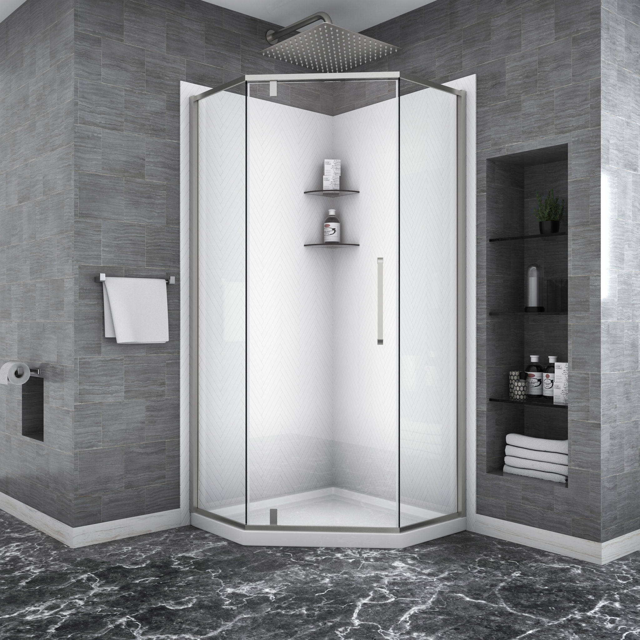 Semi Frameless Neo Angle Hinged Shower Enclosure With Clear Tempered Glass - Brushed Nickel - Best Buy Furniture