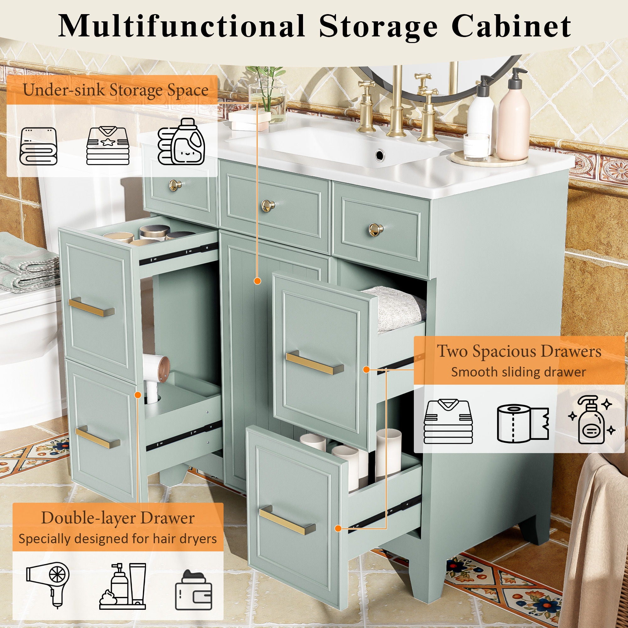 Bathroom Vanity With Ceramic Sink, Soft Close Doors, Adjustable Shelves