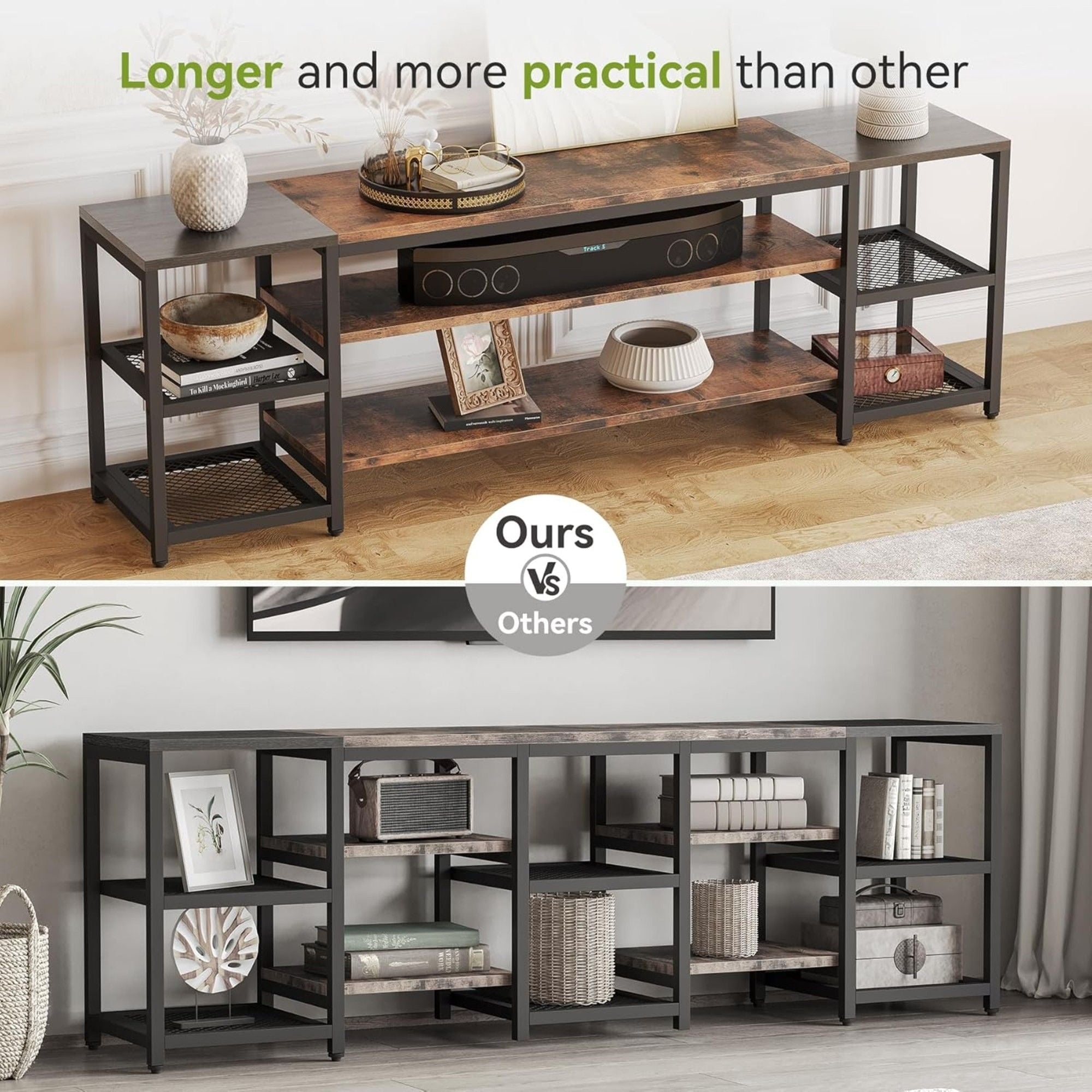 TV Stand For TVs, Extra Long With 3 Tier Ventilated Shelves - Rustic Brown