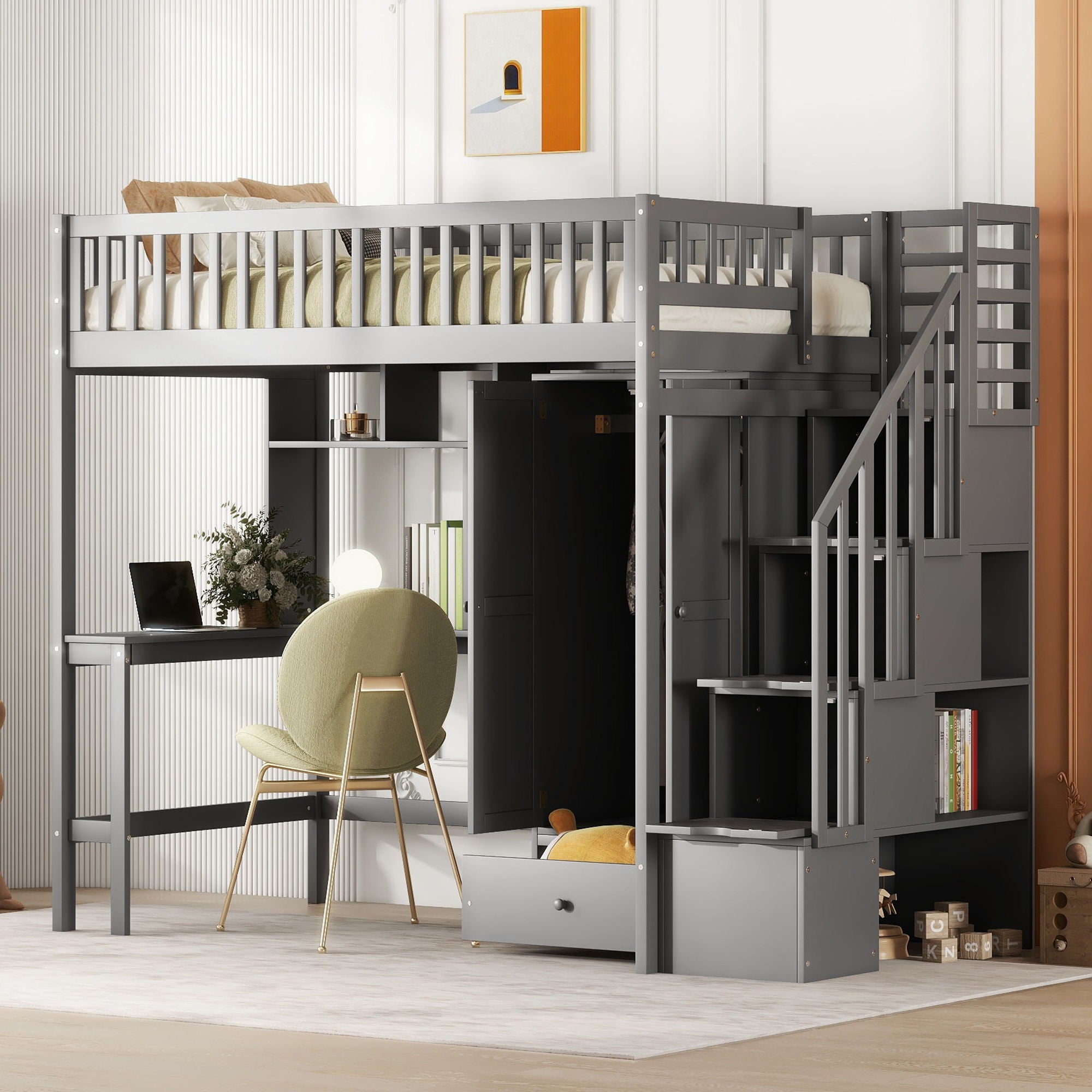Loft Bed With Bookshelf, Drawers, Desk, And Wardrobe