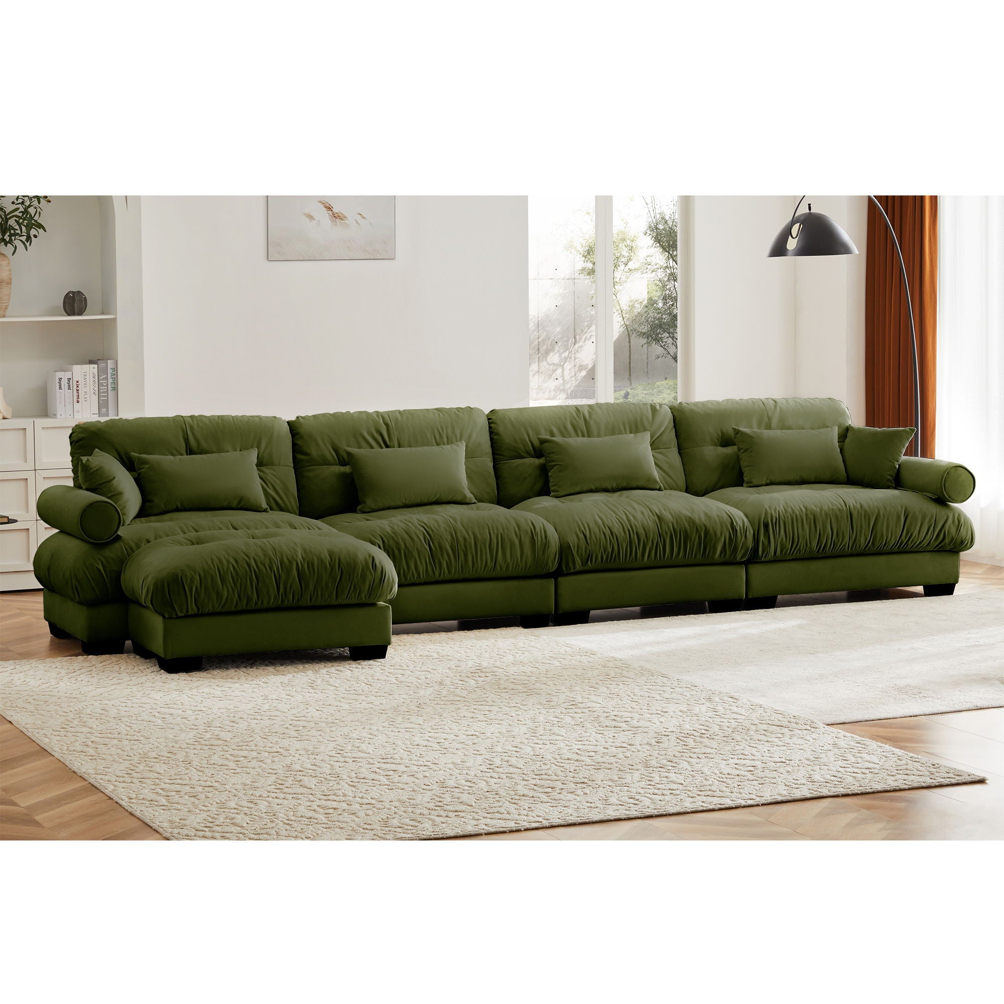 Modern Sectional Sofa With Ottoman, Round Bolster Armrests, Waist And Throw Pillows