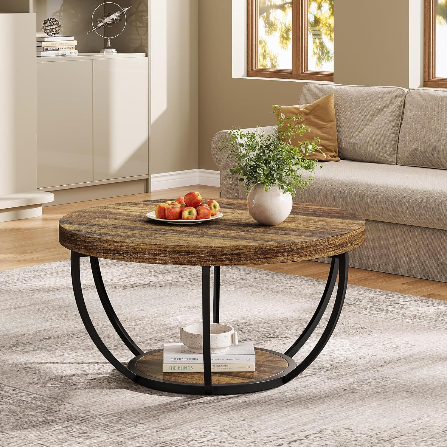 2 Tier Circle Coffee Table With Storage Shelves