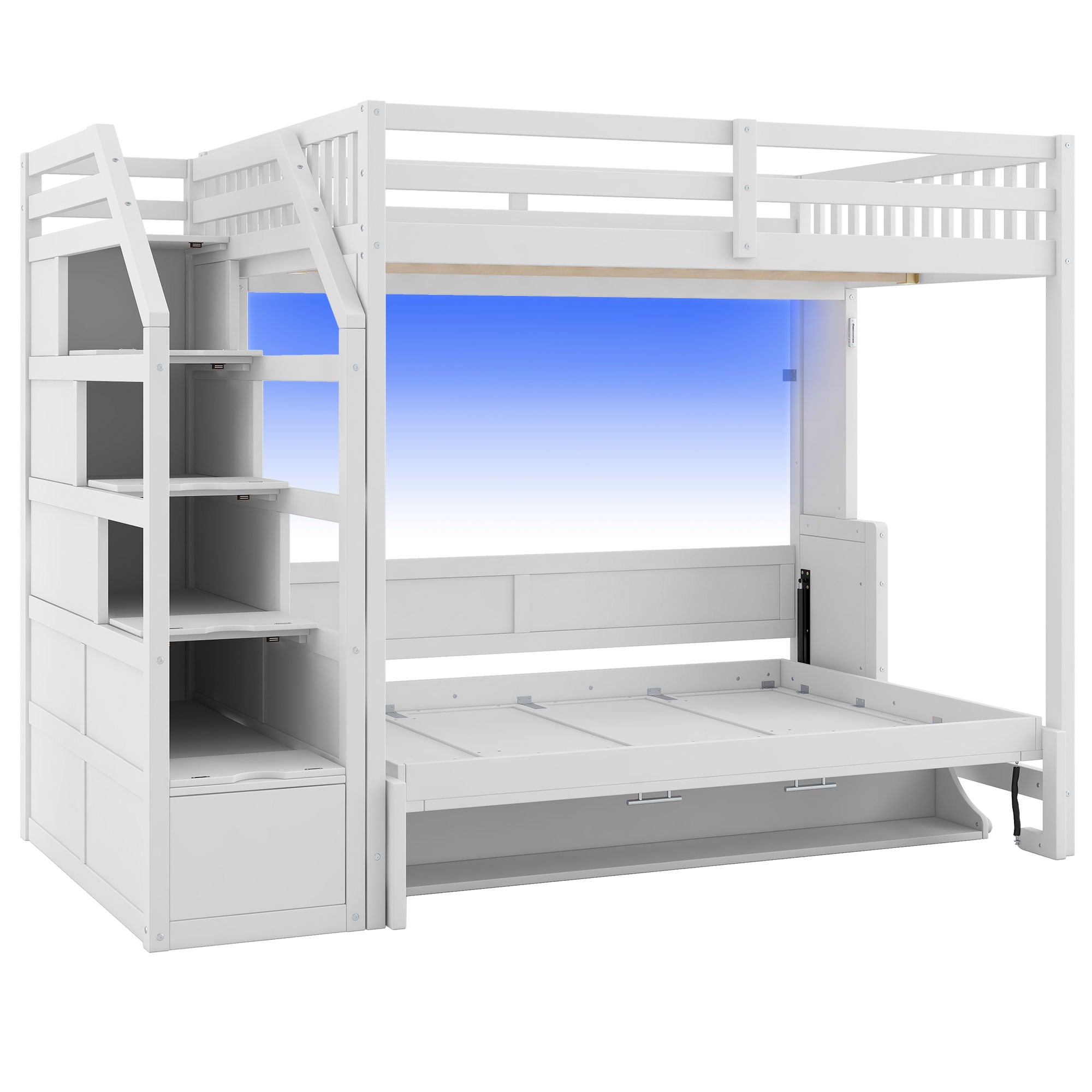 Full Long Loft Bed With Storage Staircase, Murphy Bed, LED Light - White