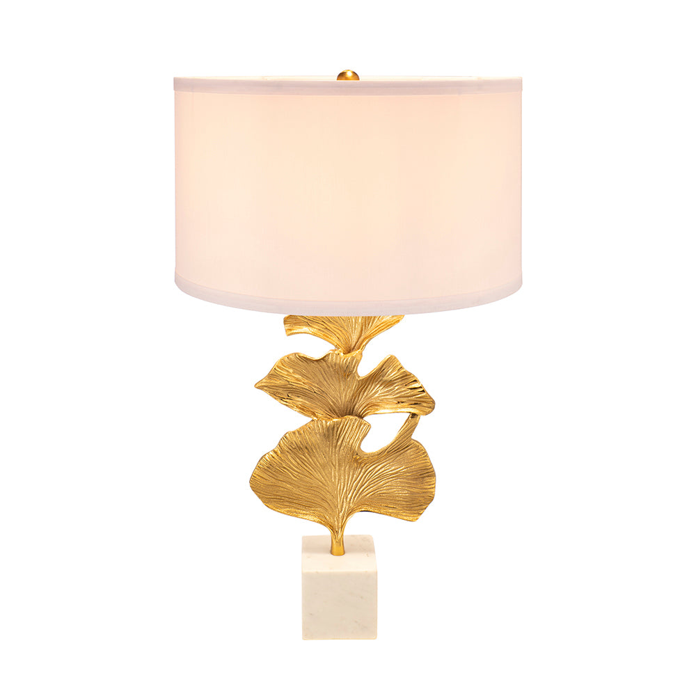 Gold Ginkgo Leaf Table Lamp with Marble Base and White Drum Shade
