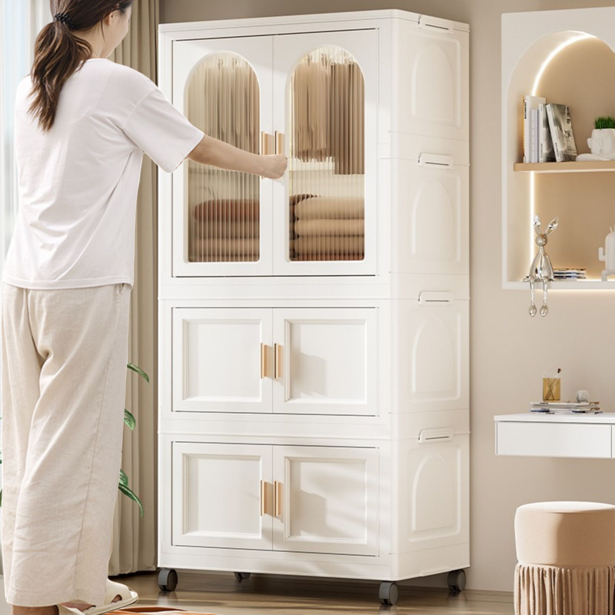 Folding Wardrobe Cabinet With Magnetic Doors, Wheels And Hangers