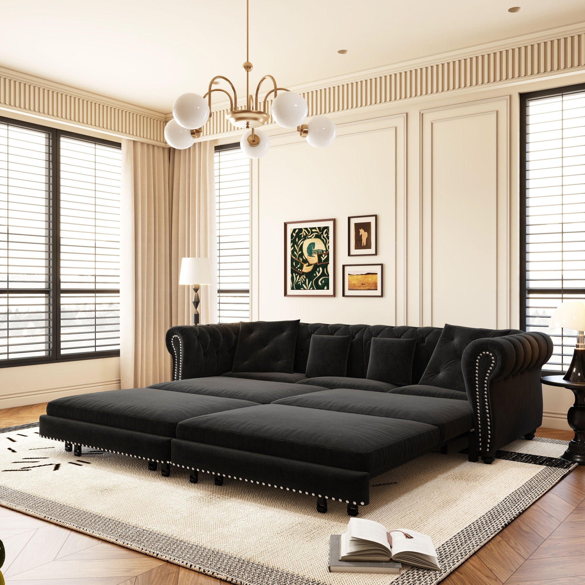 3 In 1 Pull Out Sofa Bed, Convertible Sleeper Sofa Bed, 3 Seater Sofa With Movable Ottoman - Black