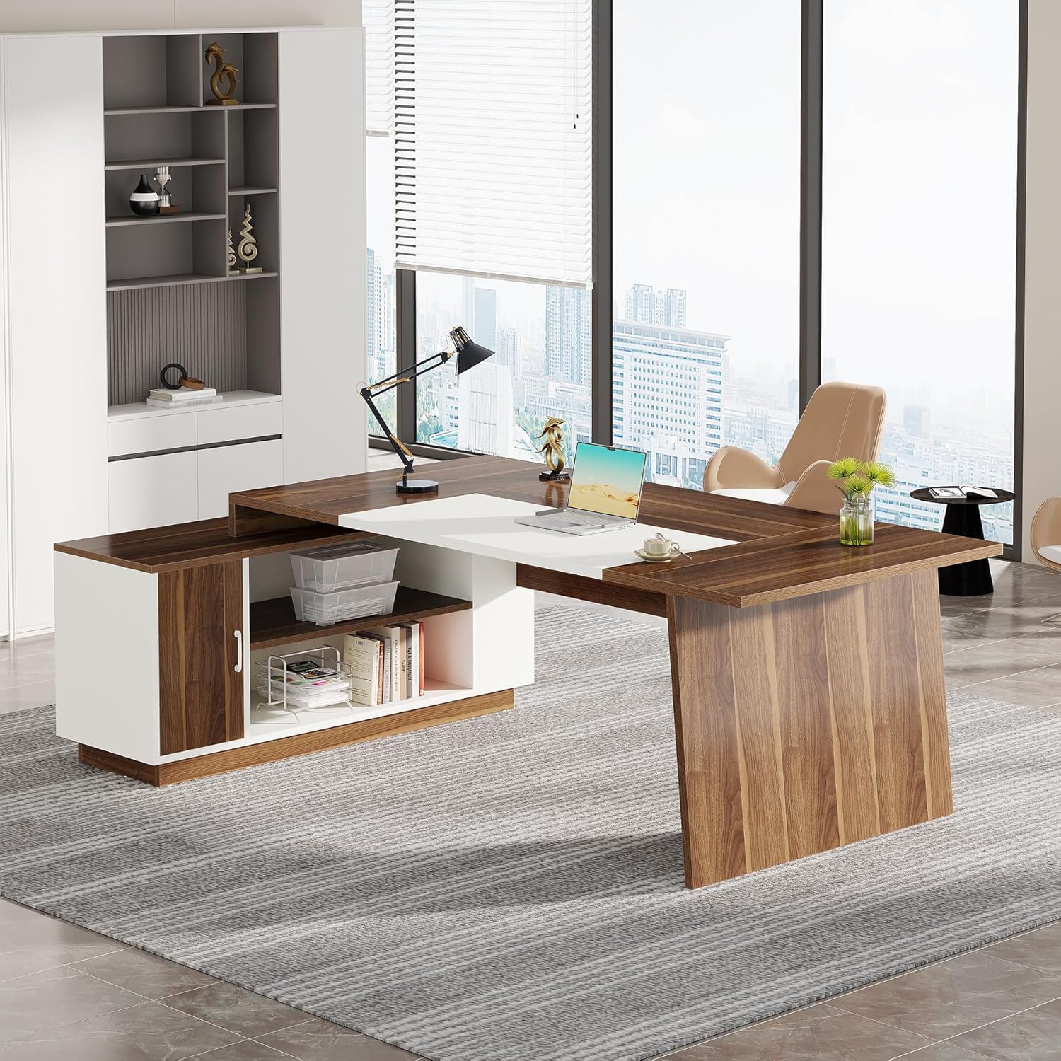 L-Shaped Executive Desk With Storage Cabinet And Shelves For Home Office - White / Walnut
