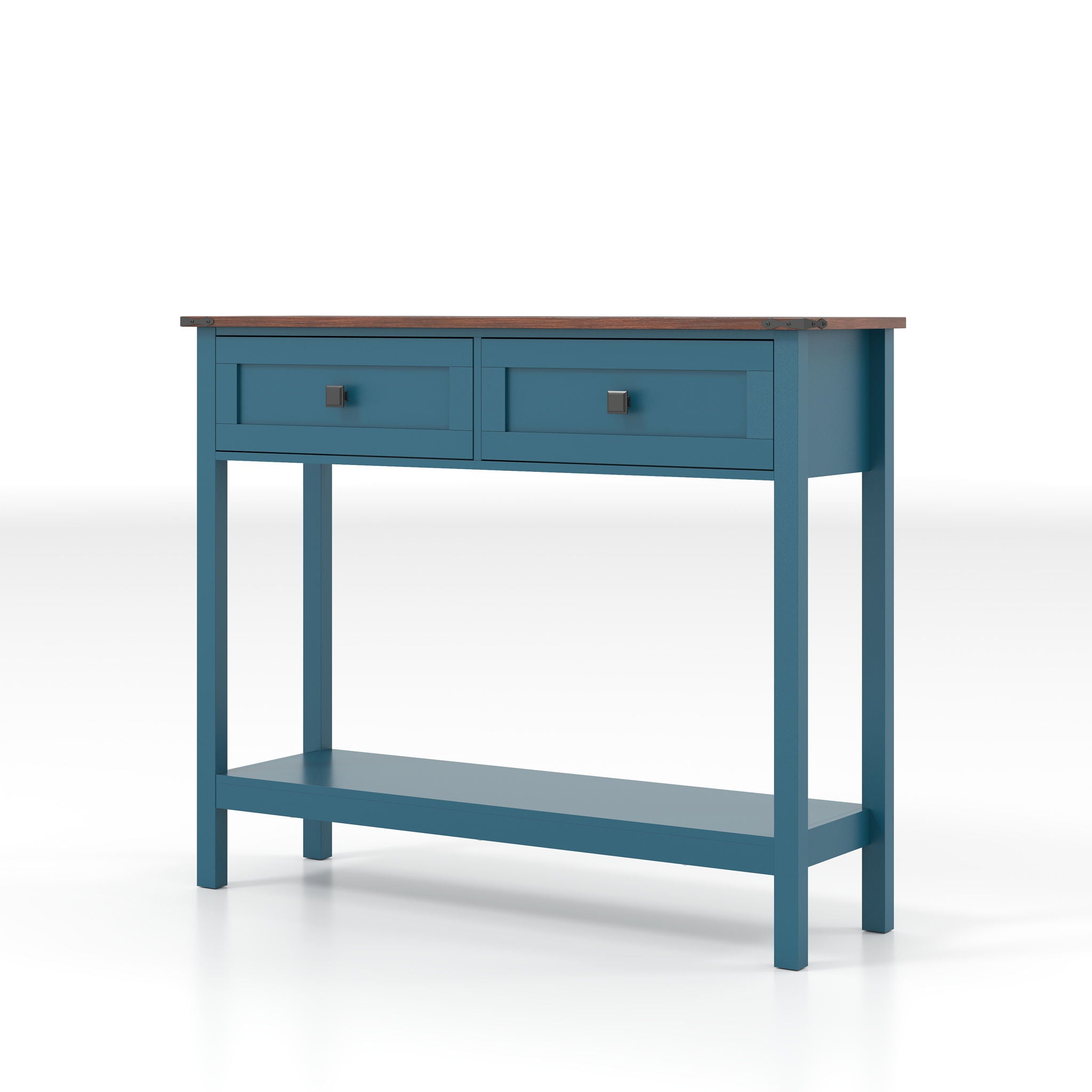 Farmhouse Style Console Table With 2 Drawers And Bottom Storage Shelf