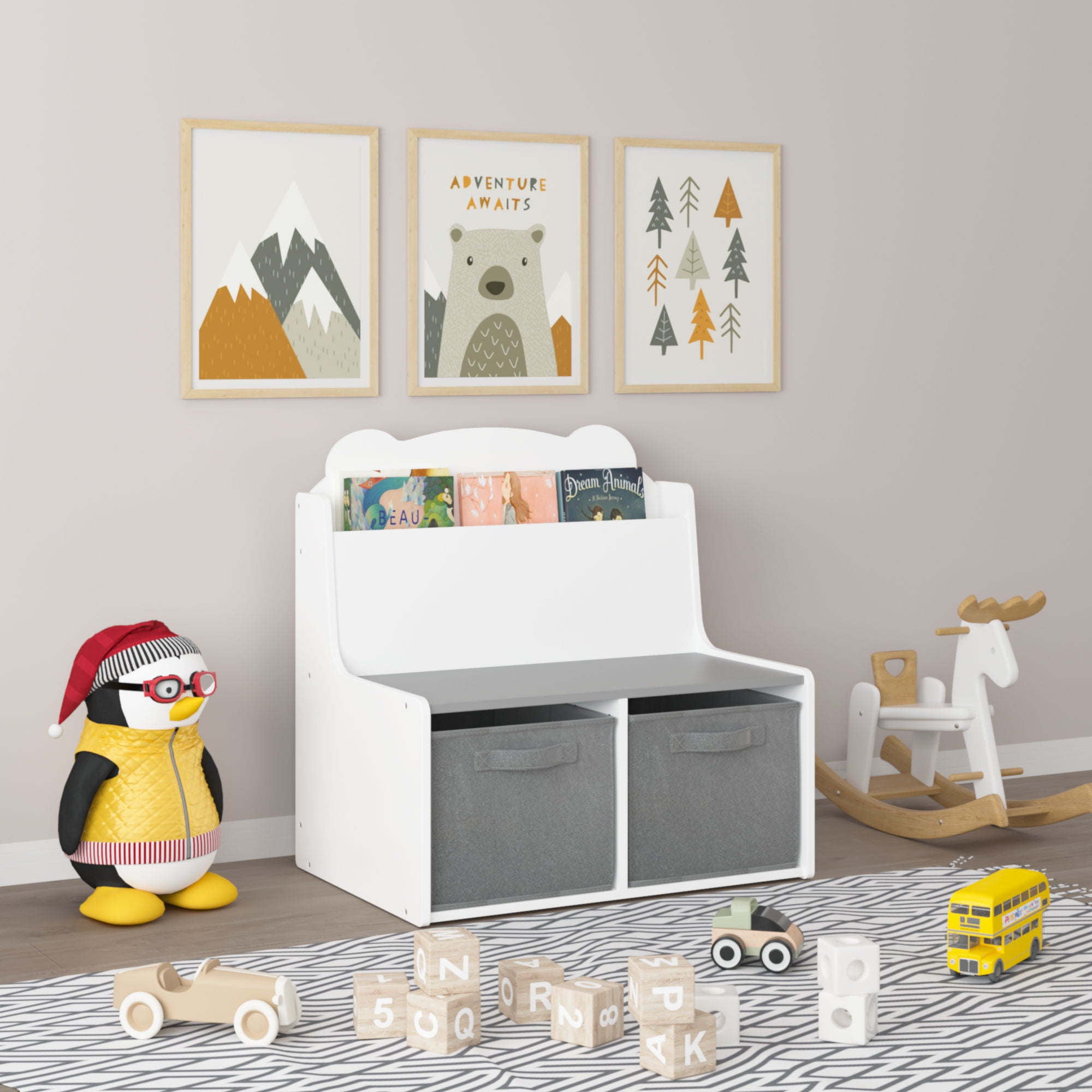 Bookshelf With Storage Bins, Bookcase With Book Display Shelf And 2 Bins, Cute Bear Shaped Backboard, Toy Organizer - White