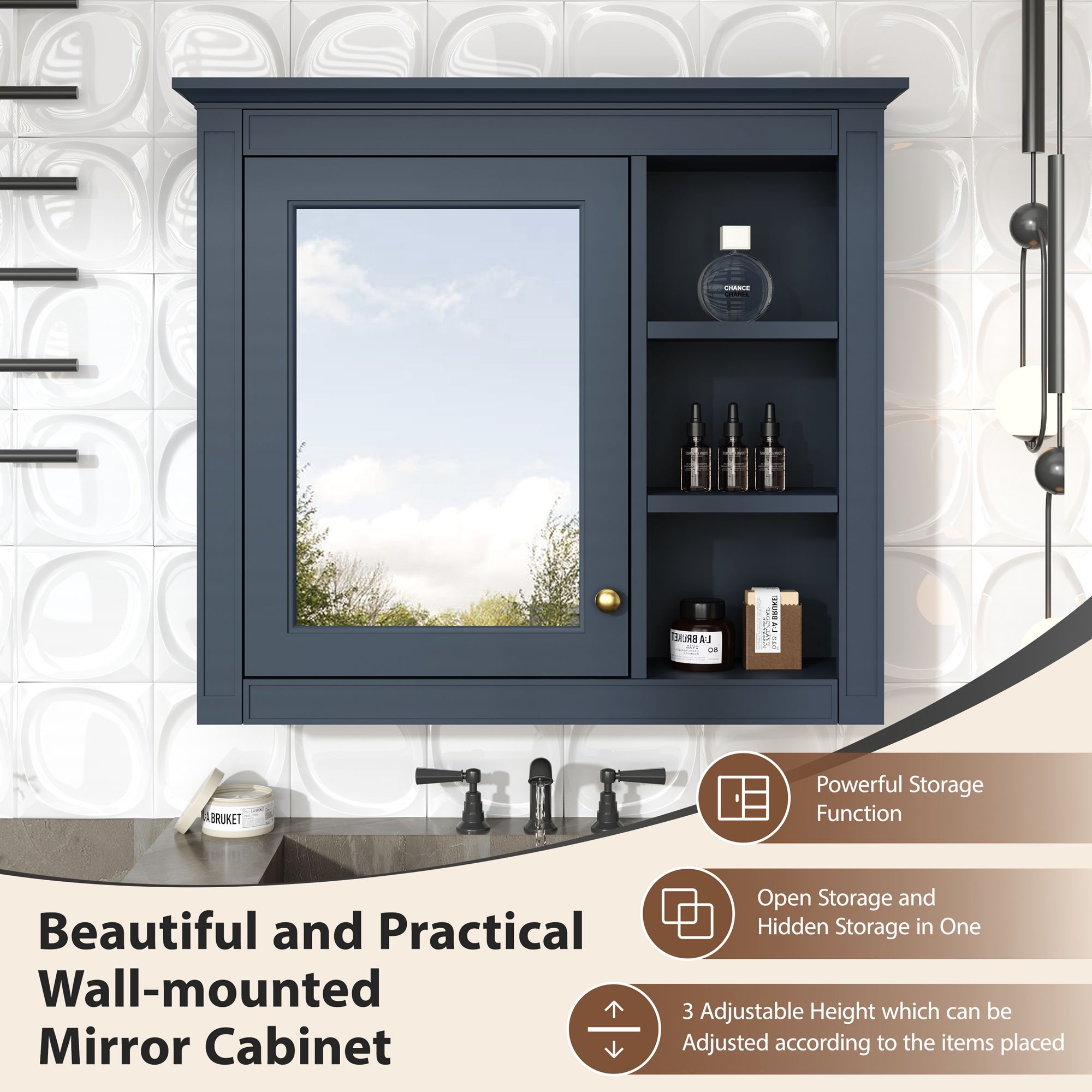 Wall Mounted Medicine Cabinet With Mirror And 3 Open Shelves