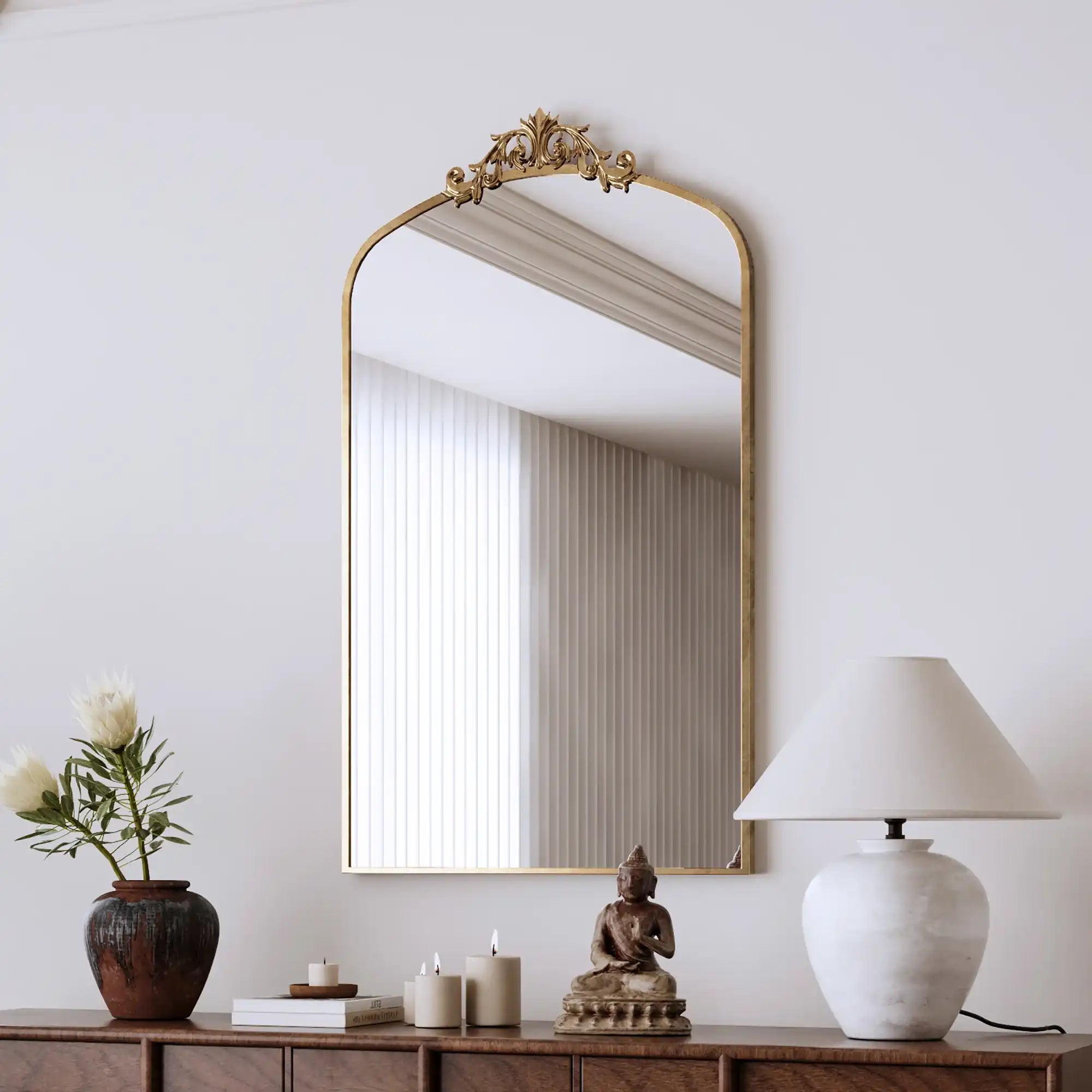 43x24 Vintage Ornate Arched Floor Mirror, Antique Bronze