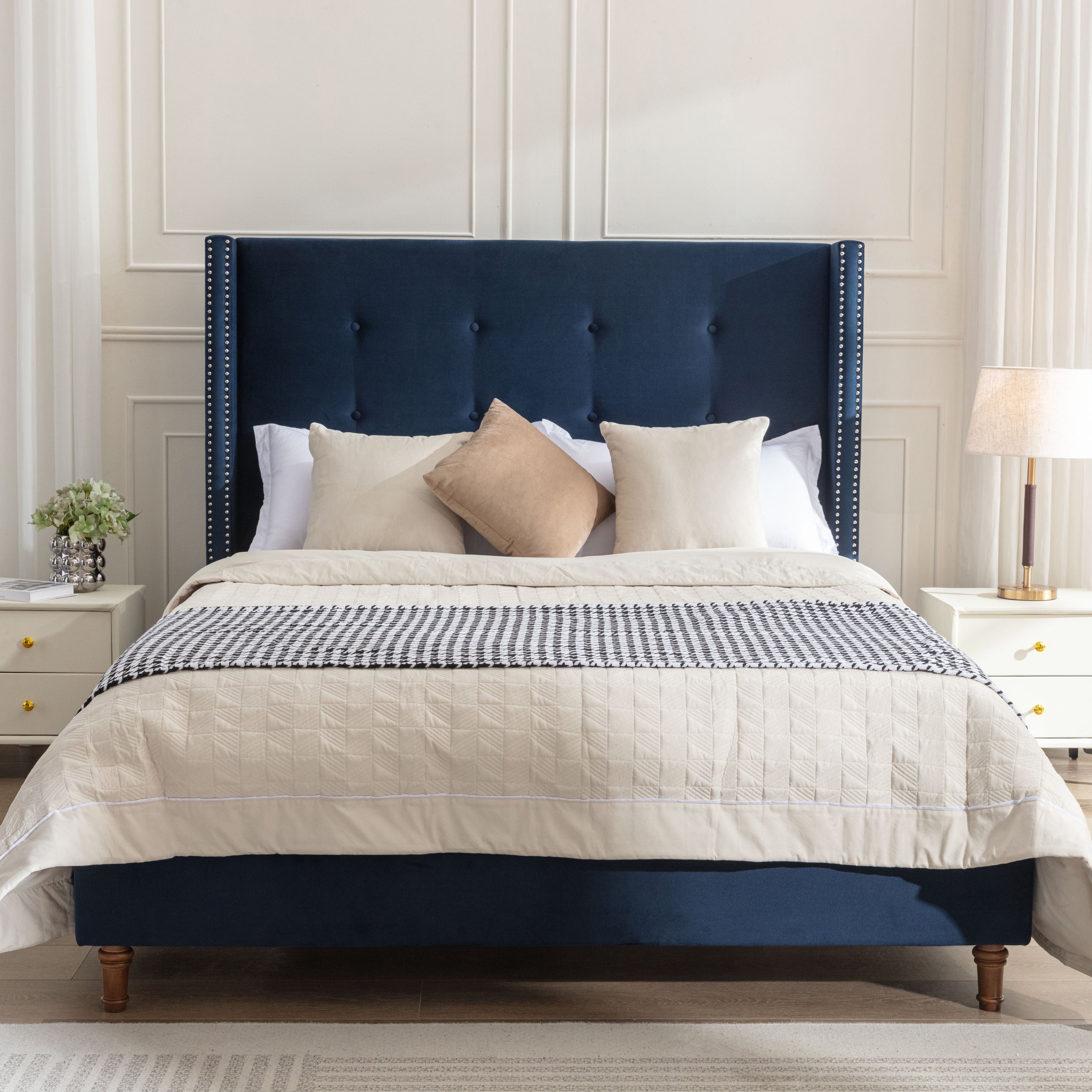 Luxury Wingback Upholstered Bed Frame – King or Queen Sizes, Ivory or Navy Fabric