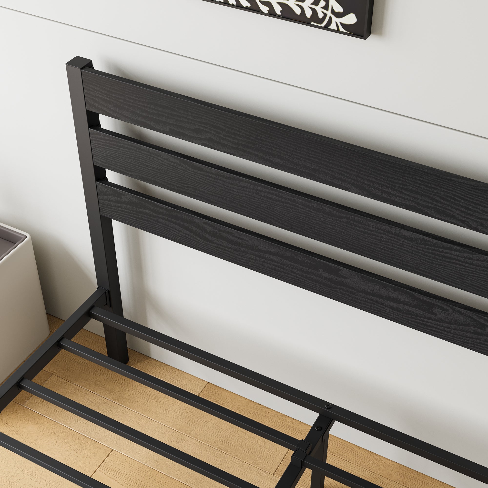 Industrial Platform Bed with Storage and Vintage Wood Headboard - Black