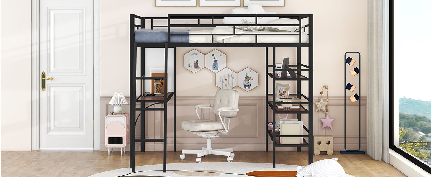 Bed With 3 Layers Of Shelves And Desk, Stylish Frame Bed
