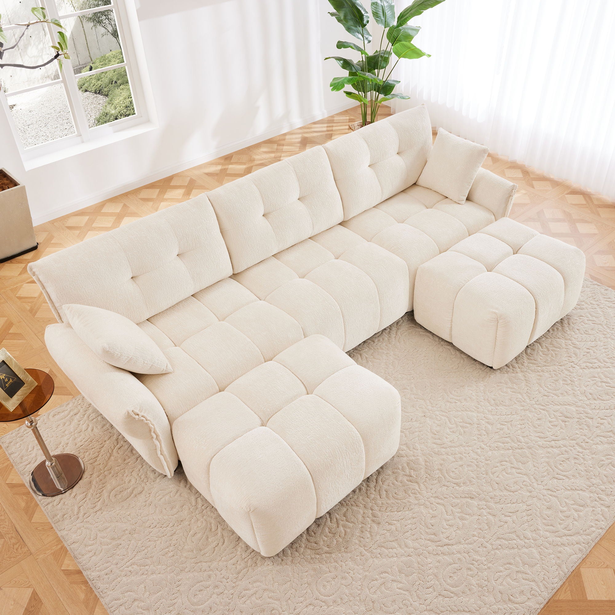Sofa Set With Ottoman And Pillows, Textured, High Resilience Cushions