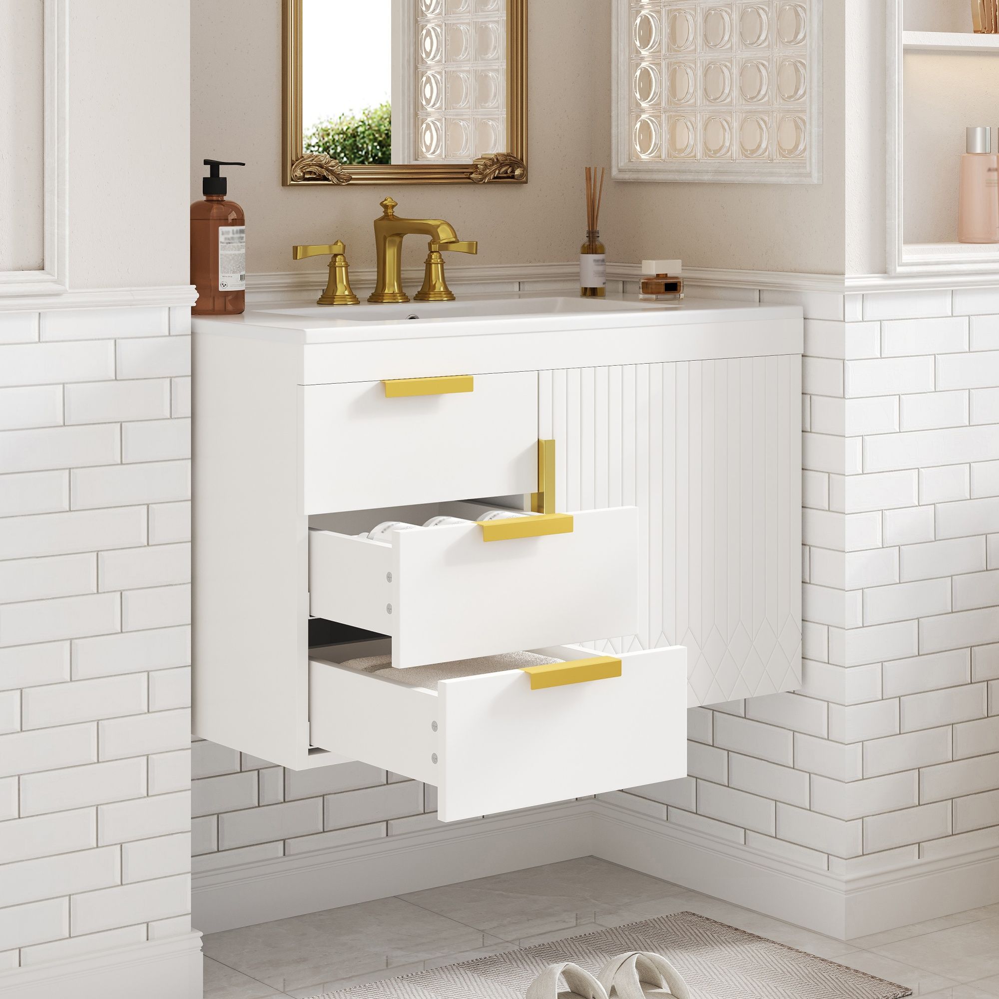 Modern Wall Mounted Bathroom Cabinet With Ceramic Sink, Soft-Closing Drawer And Door