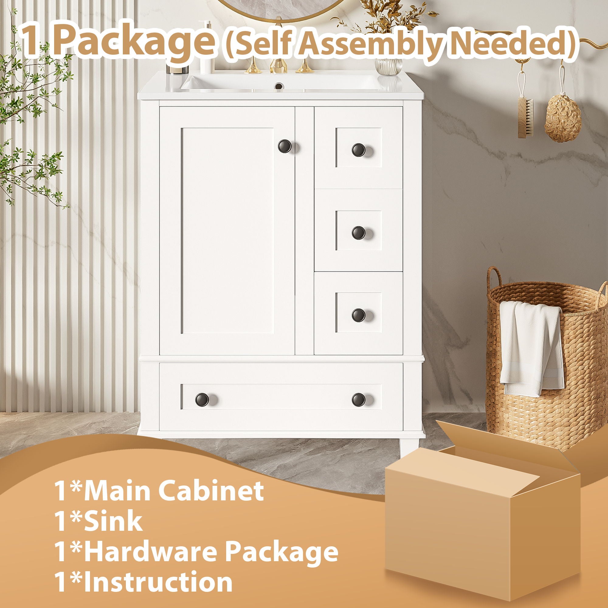 Bathroom Vanity With Integrated Basin, Soft Close Drawers, Door Mounted Double Layer Shelf