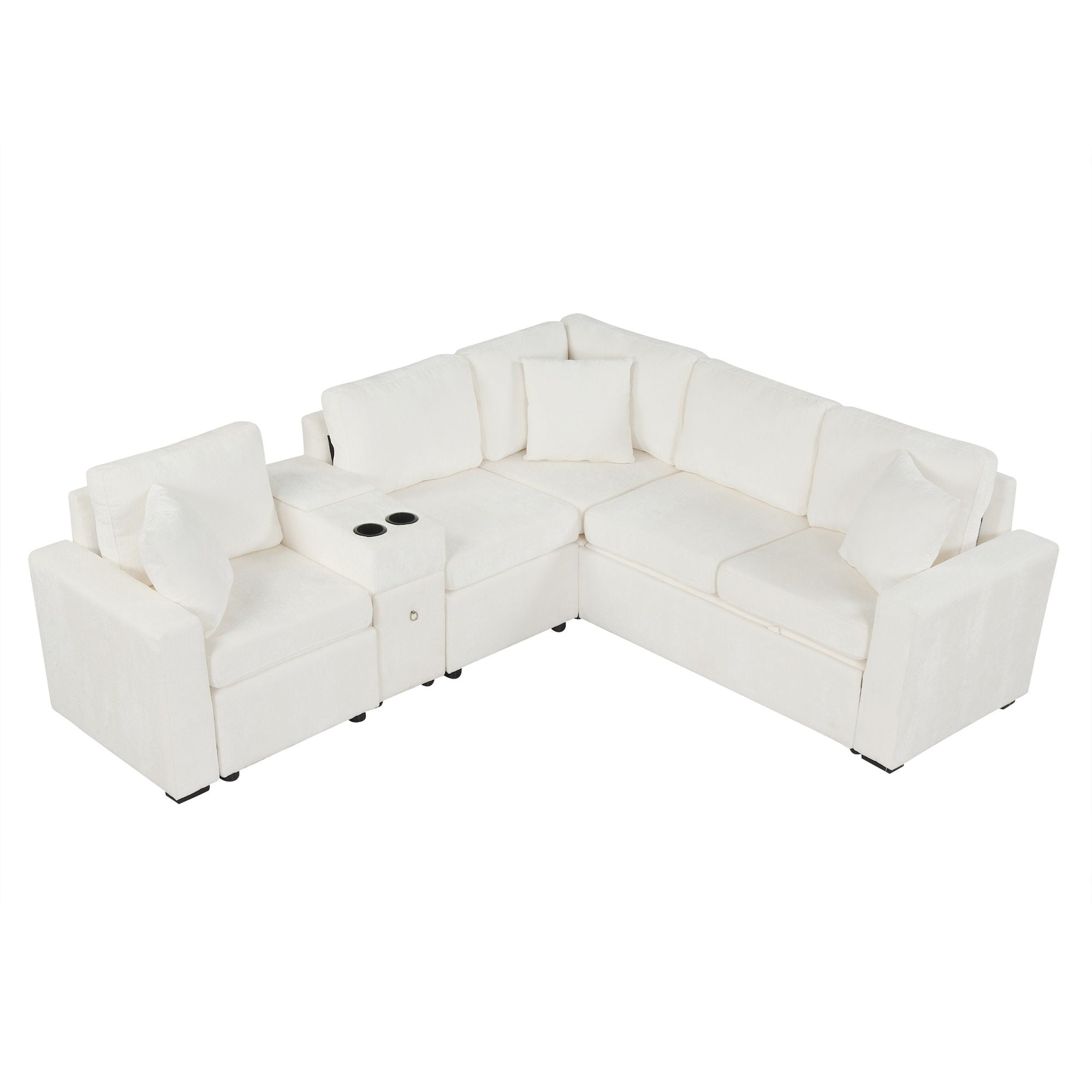 Modular L-Shaped Sectional Sofa Bed With Pull-Out Sleeper, Cup Holders, And Storage