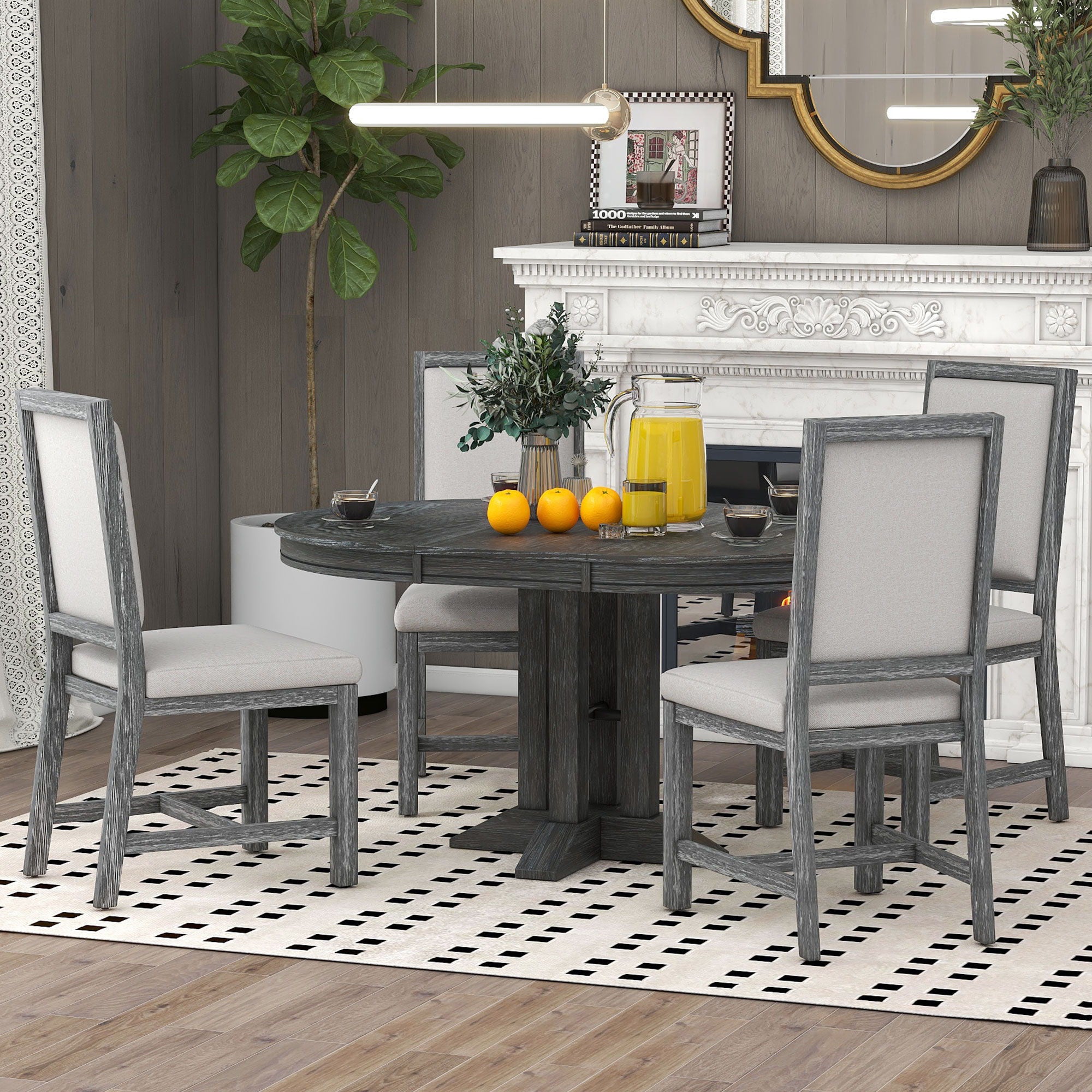 5 Piece Dining Set With Extendable Round Table And Upholstered Chairs