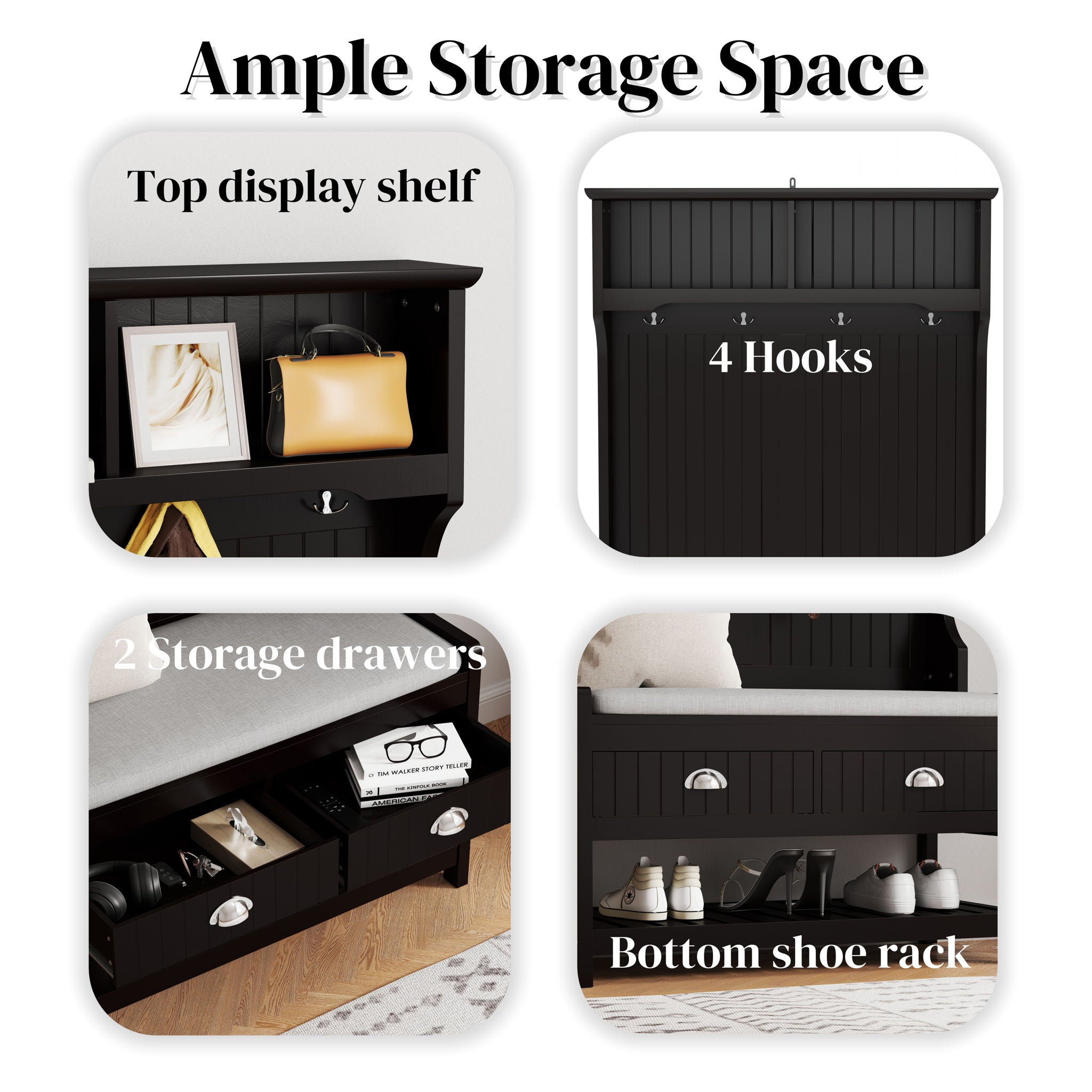 Modern 3 In 1 Hallway Hall Tree With Storage Drawers, Coat Rack, Shoe Rack Bench And Cushion