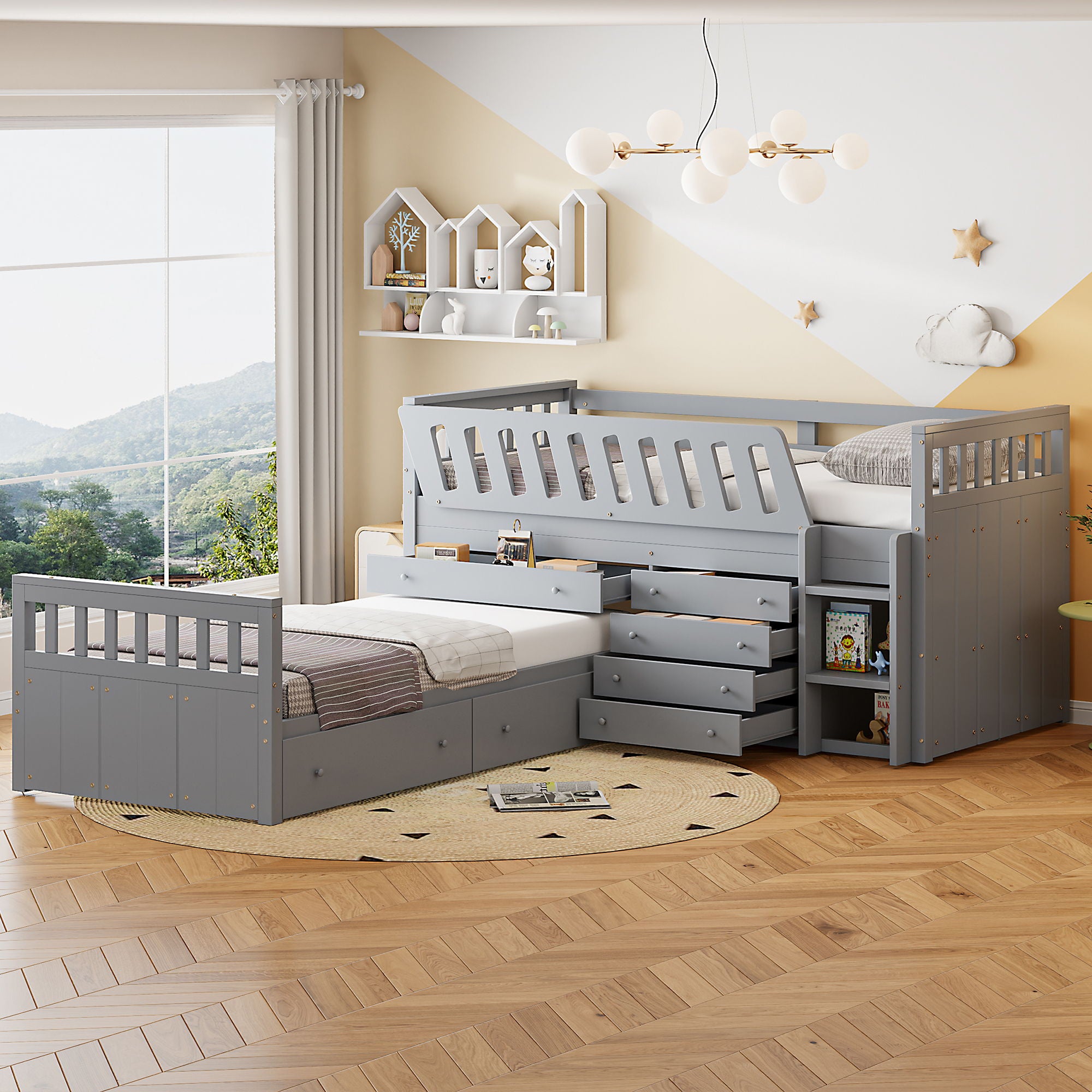 Loft Platform Bed With 7 Drawers And Full Guardrails, Modern L Shaped Space Savin