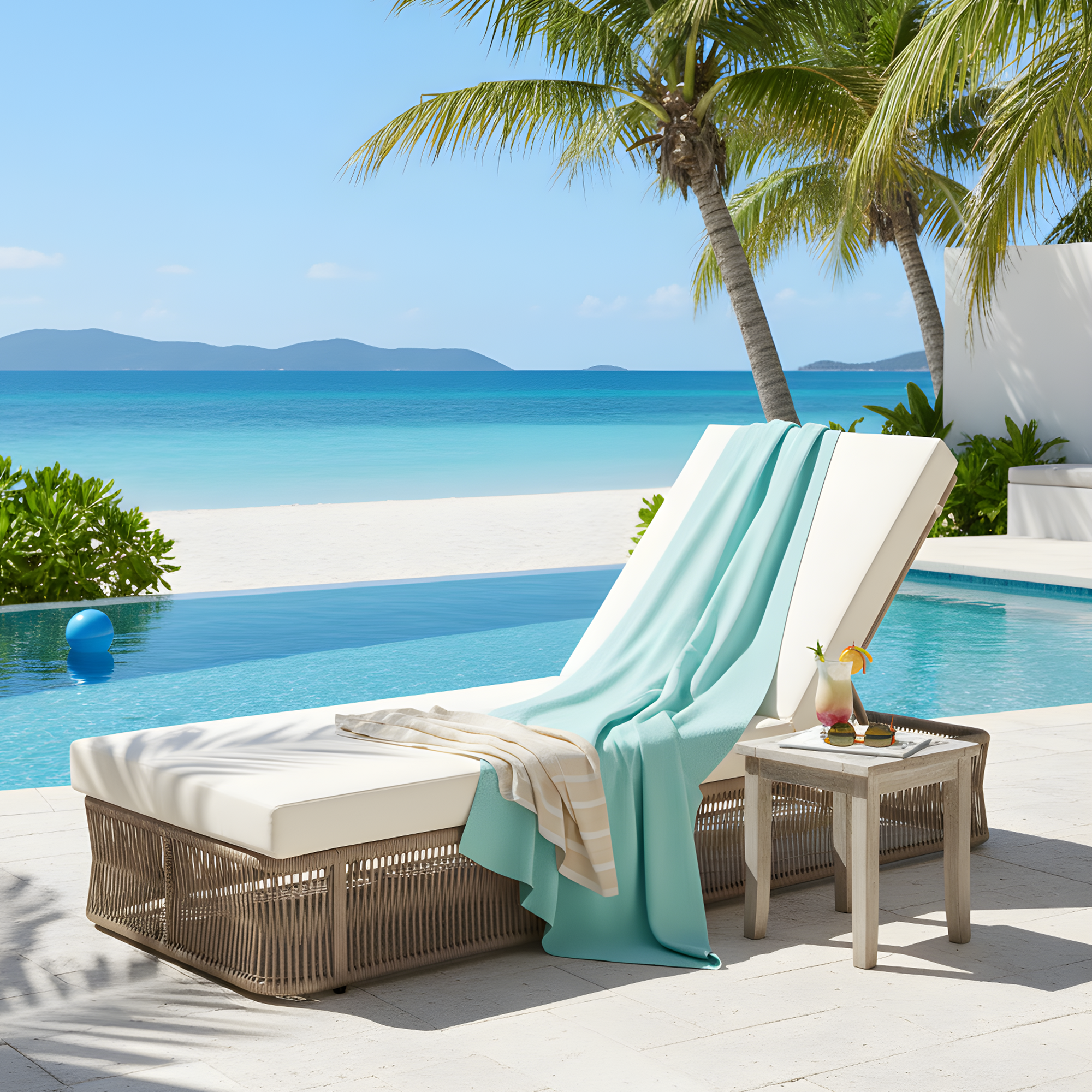 Beige and White Adjustable Sunlounge with Woven Rope Base