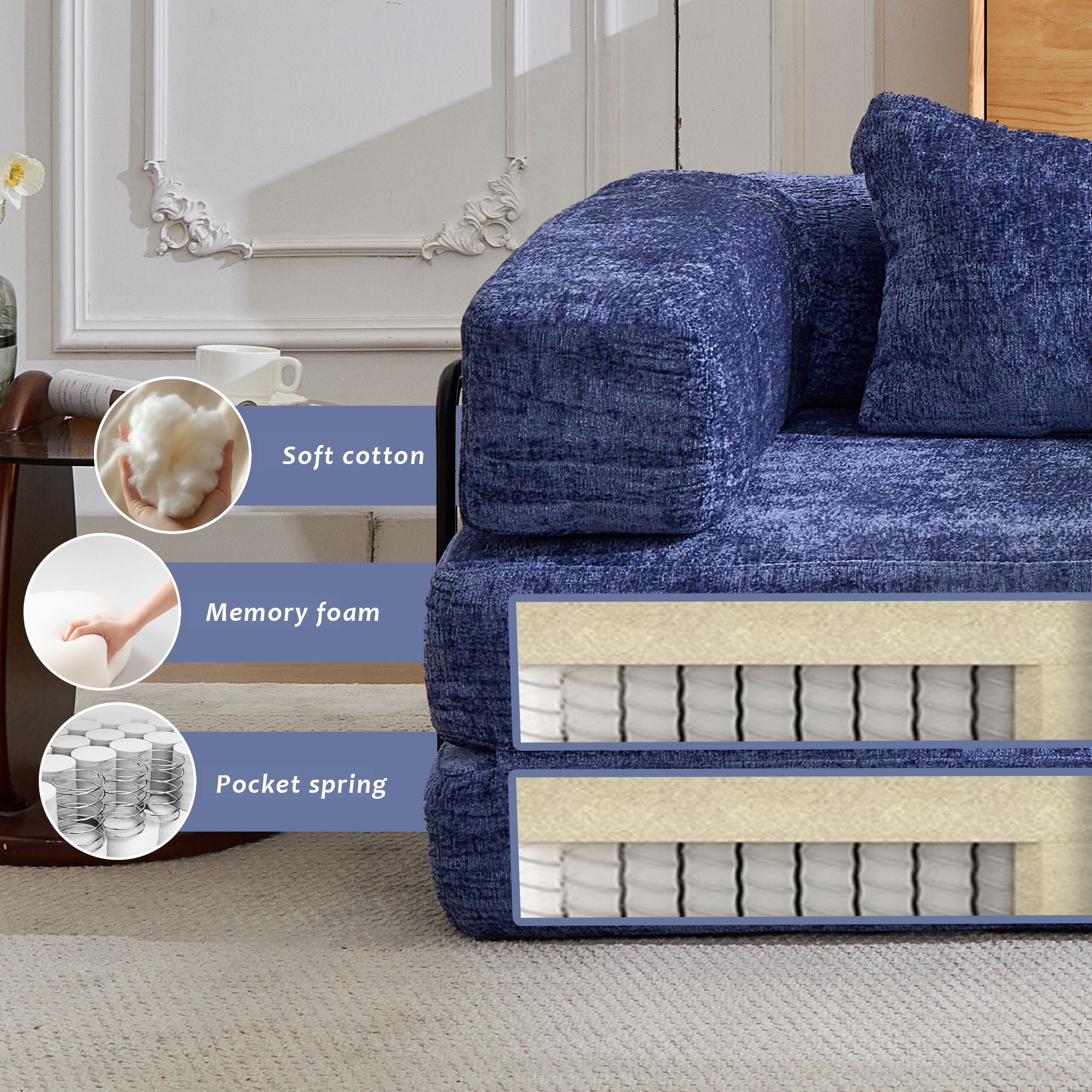 Convertible Floor Sofa Bed With Fixed Shape Frame, Loveseats Boneless Modular Sectional, For Living Room - Dark Blue