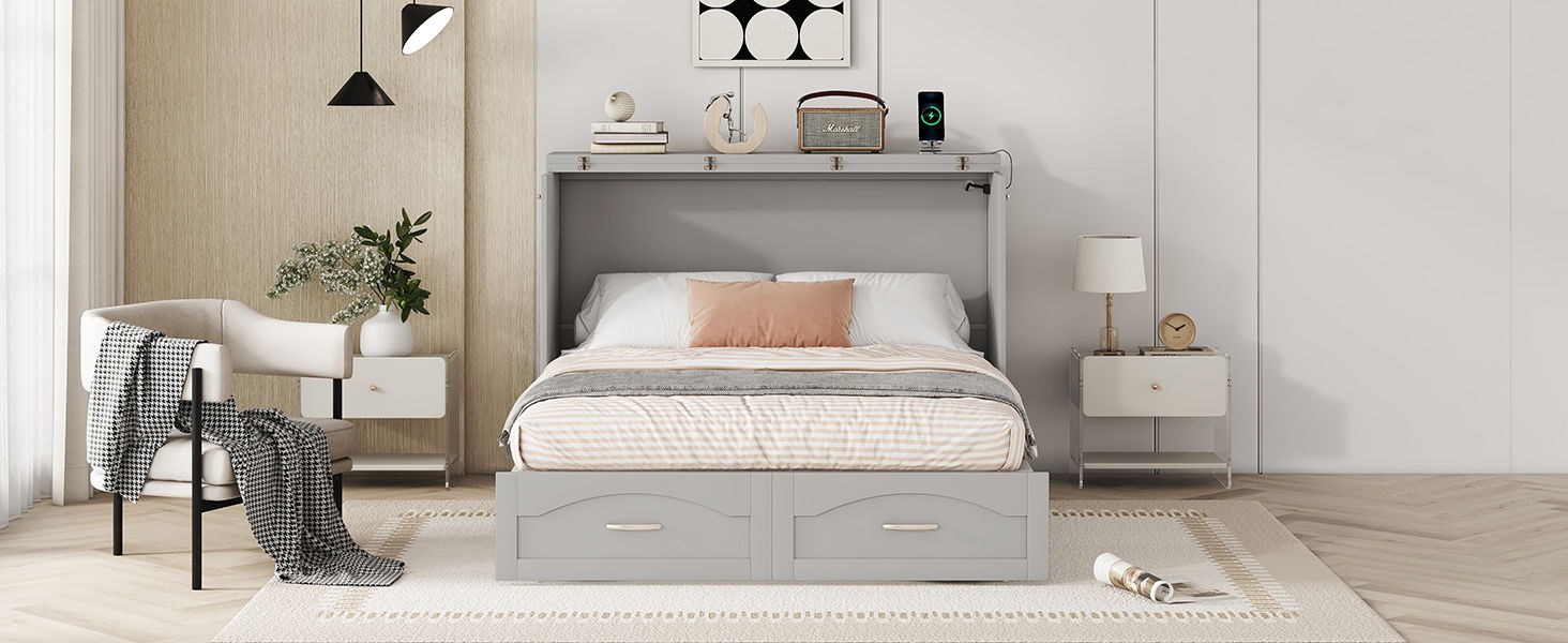 Murphy Wall Bed With Drawer And A Set Of Sockets & USB Ports, Pulley Structure Design