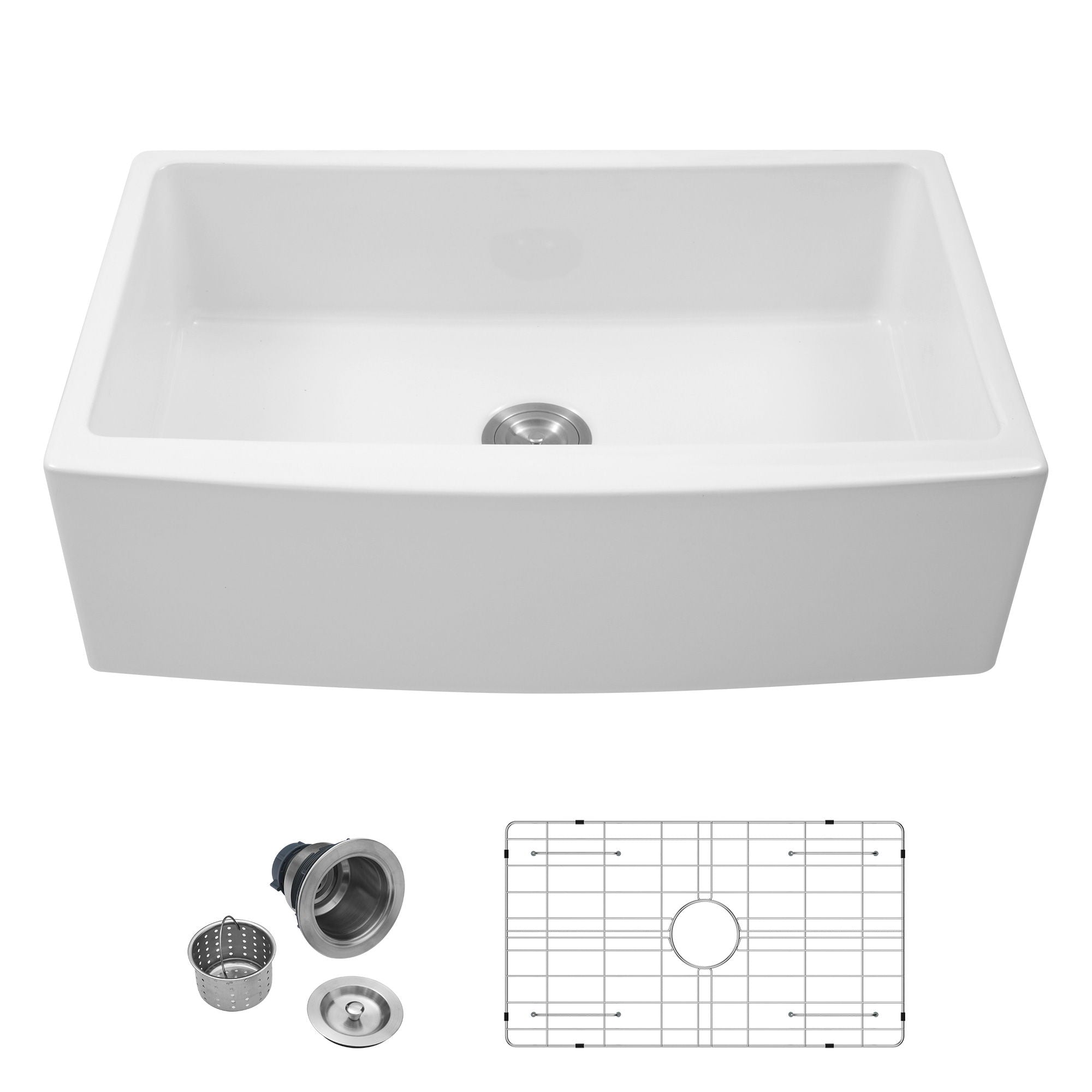 Elegant Farmhouse Sink 33" Ceramic Arch Edge Apron Front Single Bowl - White